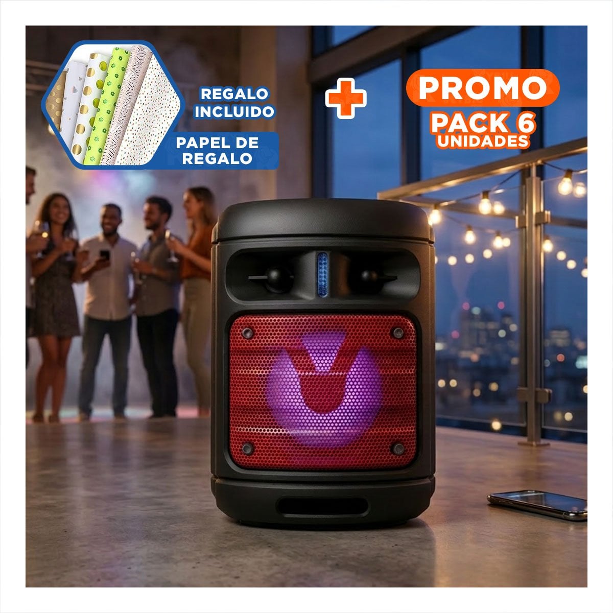 PACK6 ALTAVOZ BLUETOOTH PORTATIL NEGRO CON ILUMINACION LED CAMBIANTE Y+PAPEL REGALO - 1