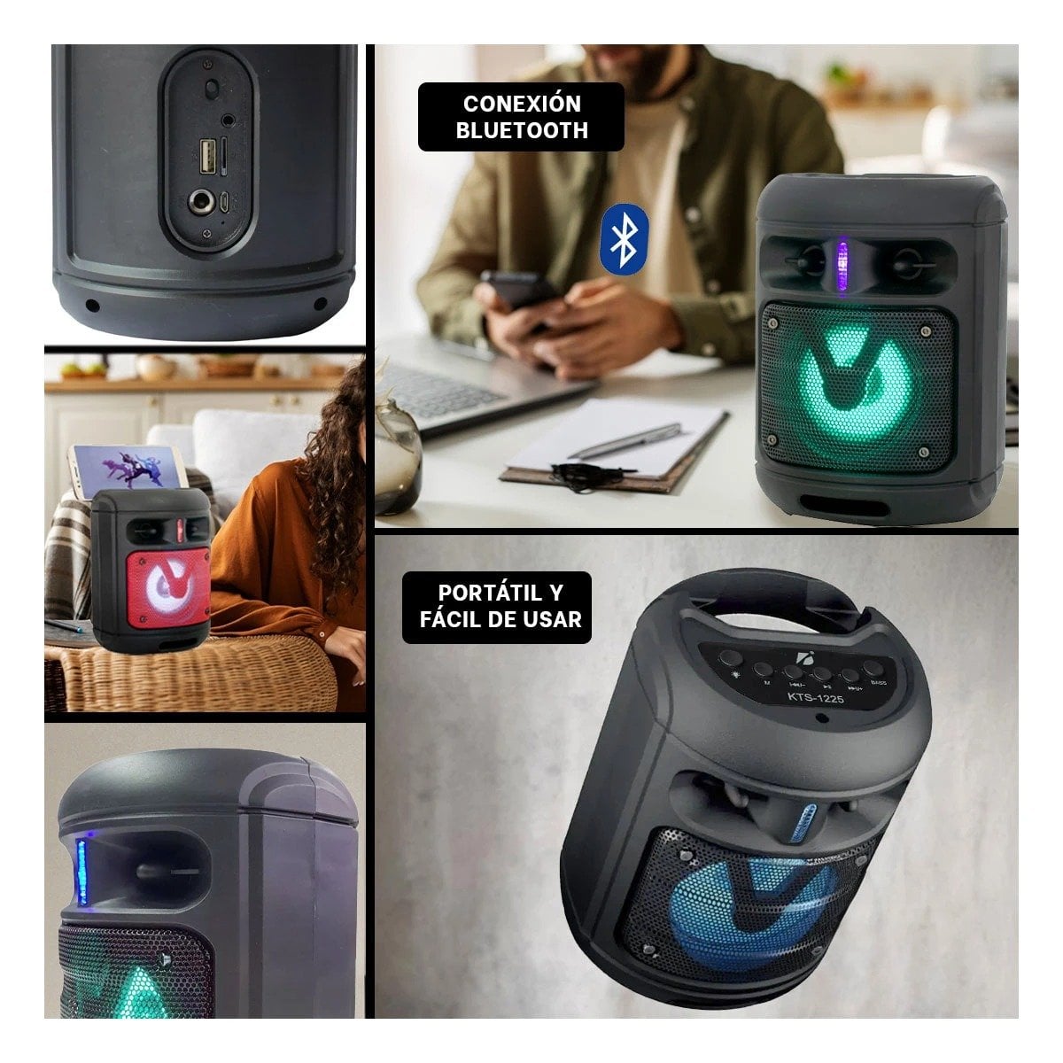 PACK6 ALTAVOZ BLUETOOTH PORTATIL NEGRO CON ILUMINACION LED CAMBIANTE Y+PAPEL REGALO - 3