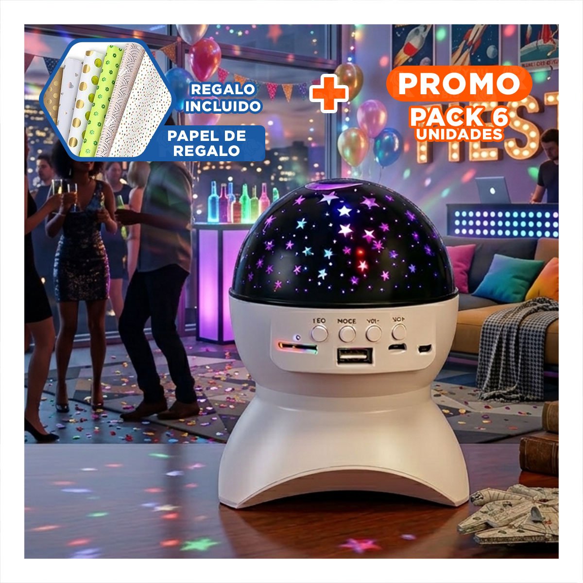 PACK6 ALTAVOZ CON DECORACION CREATIVA Y LAMPARA BLANCO PARA HOGAR Y+PAPEL REGALO - 1