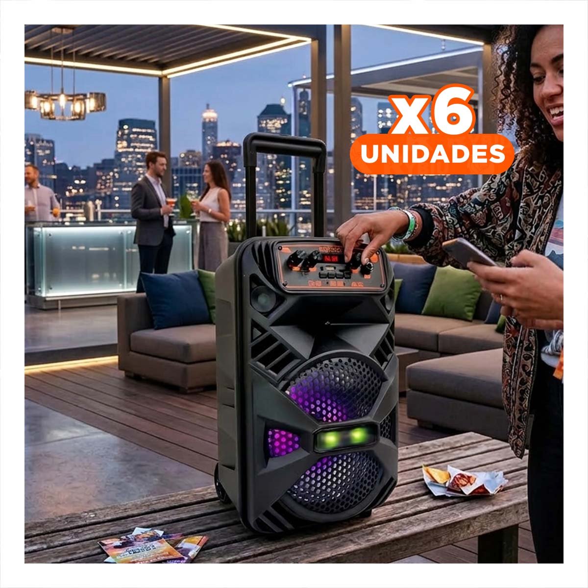PACK6 BOCINA TORRE BLUETOOTH CON LUZ LED NEGRO CON PUERTO DE CARGA DC 5V Y+REGALO STICKER - 1