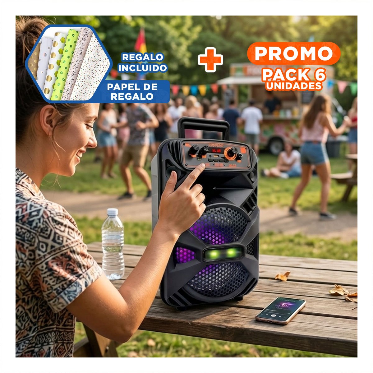 PACK6 ALTAVOZ TORRE BLUETOOTH CON LUZ LED NEGRO CON SONIDO AMPLIO PARA EVENTOS Y+PAPEL REGALO - 1