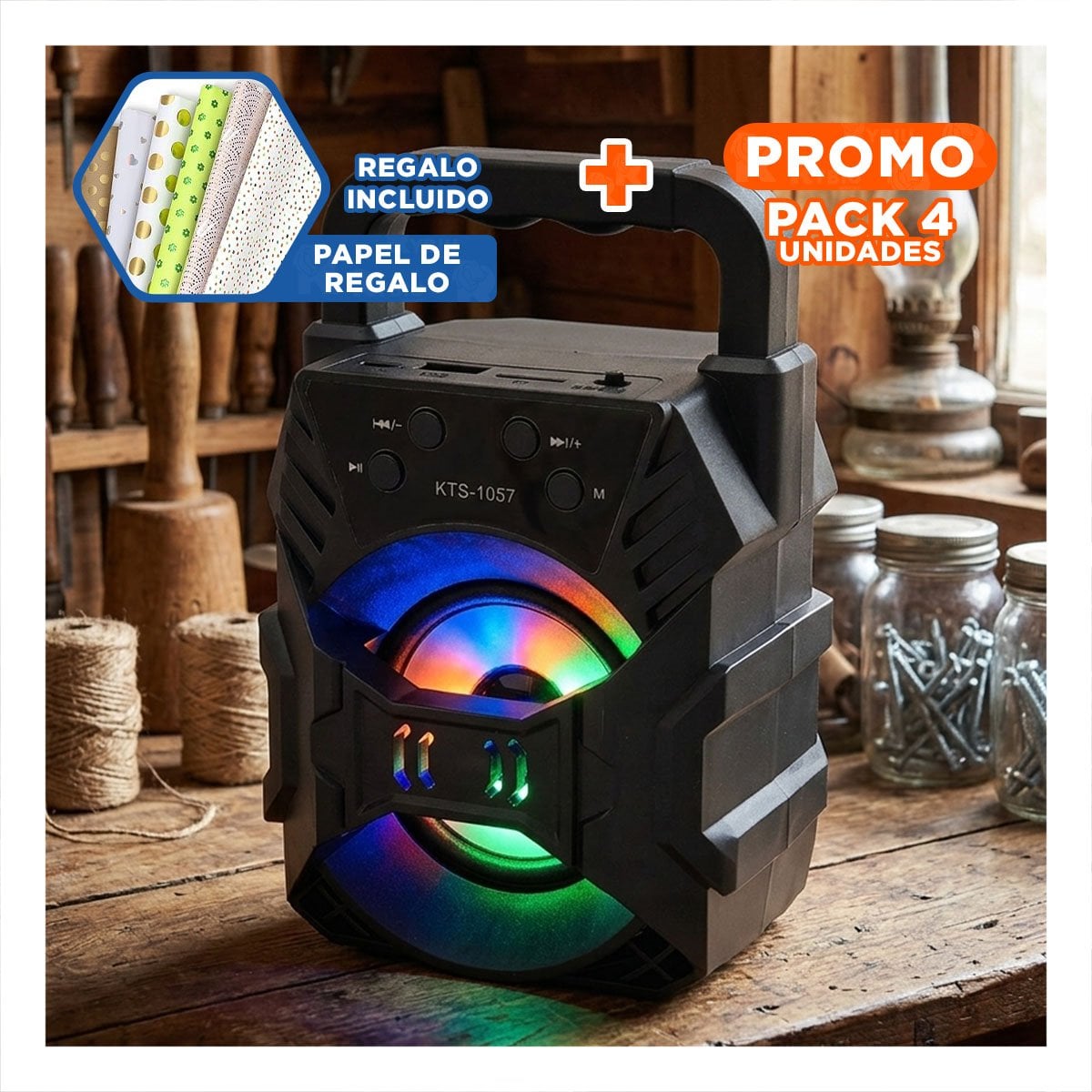 PACK4 SISTEMA AUDIO BLUETOOTH PORTATIL NEGRO CON CONEXION ESTABLE Y RADIO FM Y+PAPEL REGALO - 1