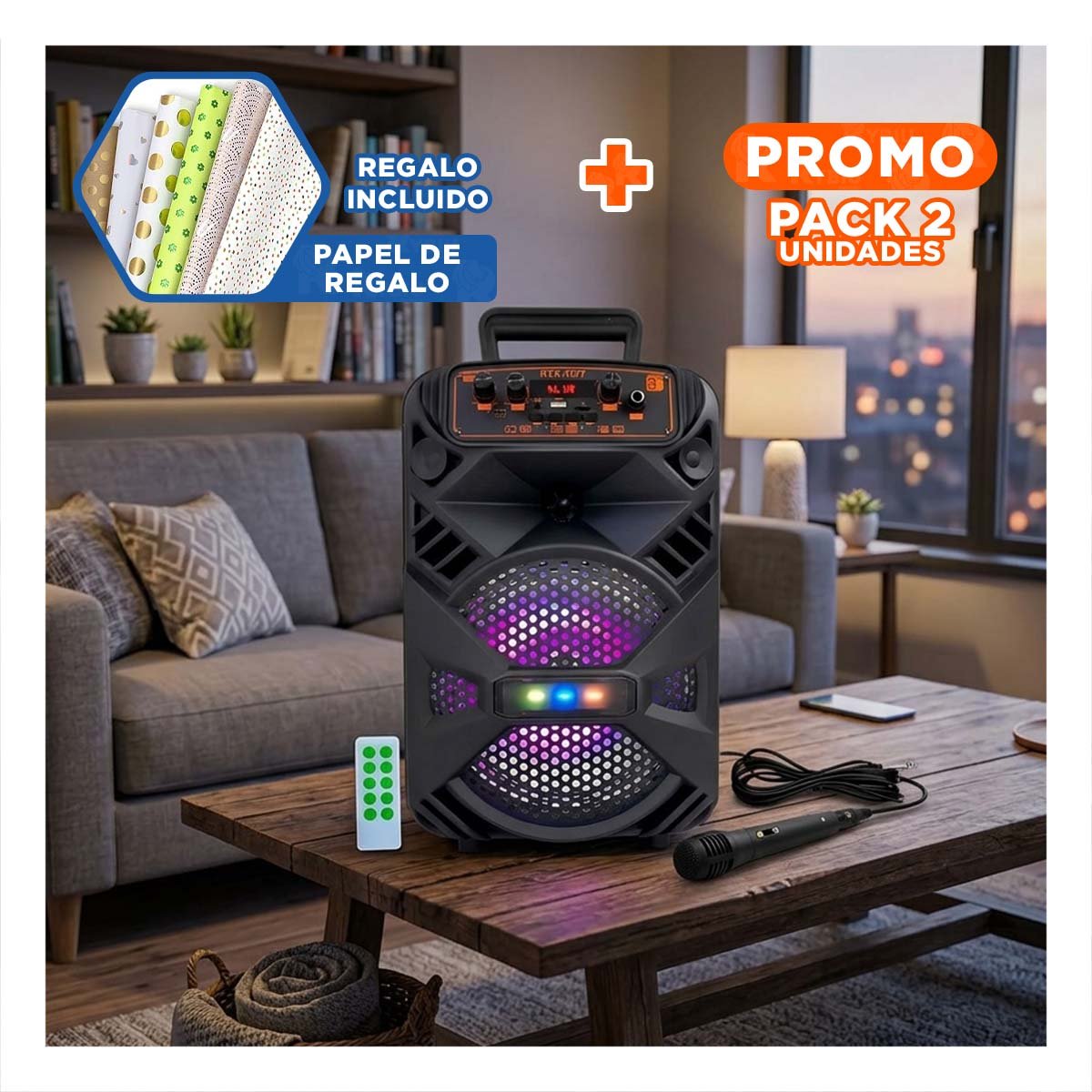PACK2 PARLANTE TORRE BLUETOOTH CON LUZ LED NEGRO CON WOOFER ILUMINADO RGB Y+PAPEL REGALO - 1