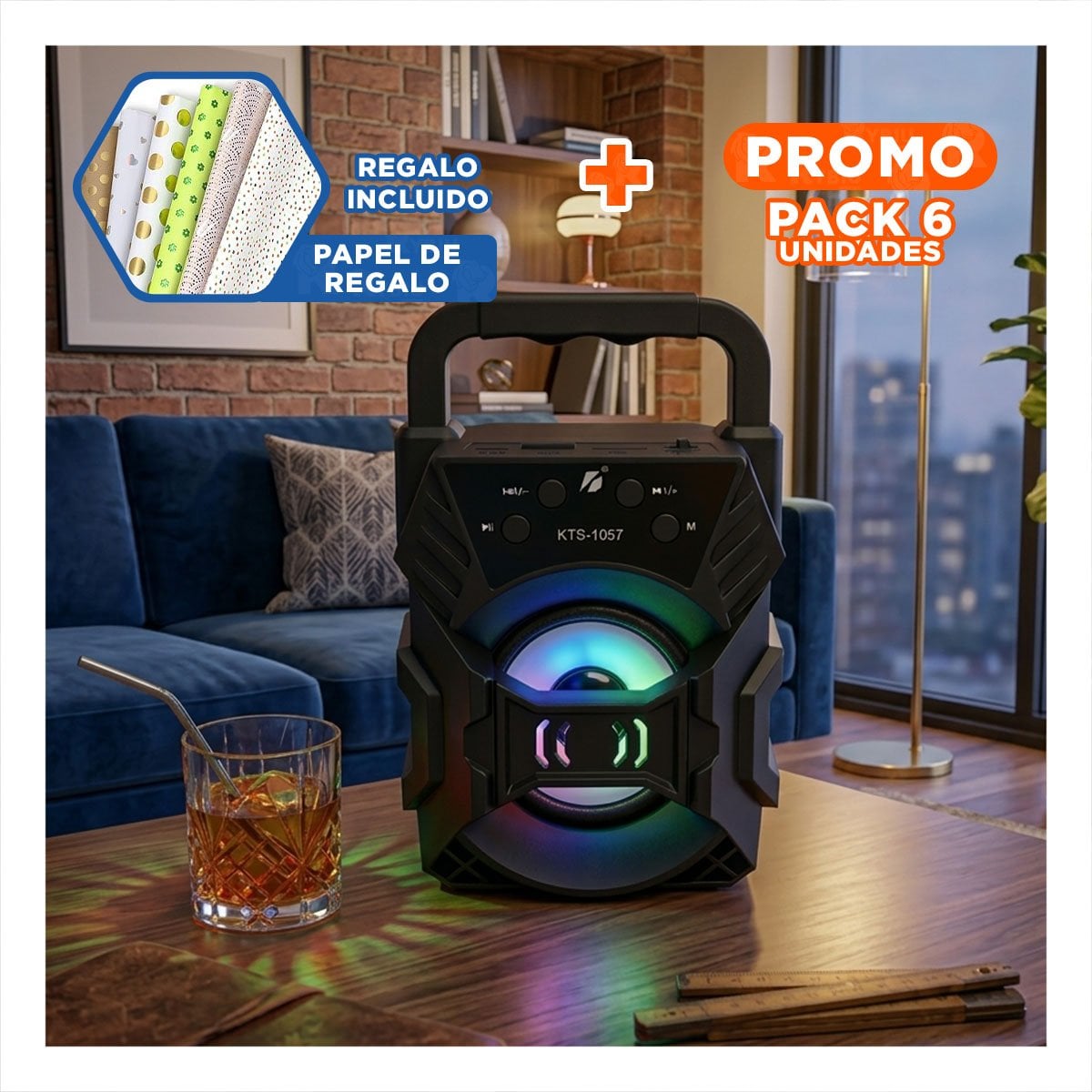 PACK6 BOCINA BLUETOOTH PORTATIL NEGRO CON BATERIA RECARGABLE INTERNA Y+PAPEL REGALO - 1