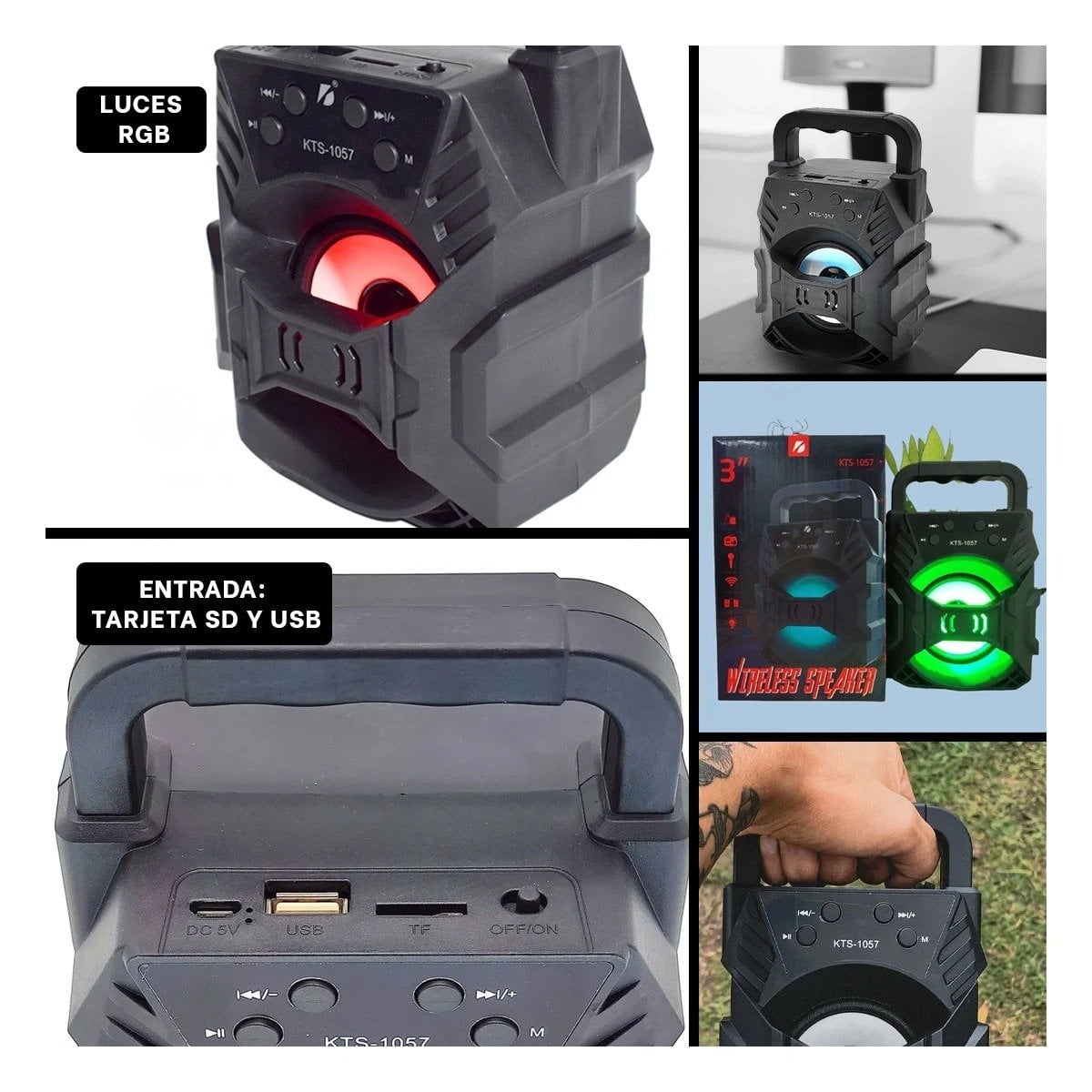 PACK6 BOCINA BLUETOOTH PORTATIL NEGRO CON BATERIA RECARGABLE INTERNA Y+PAPEL REGALO - 3