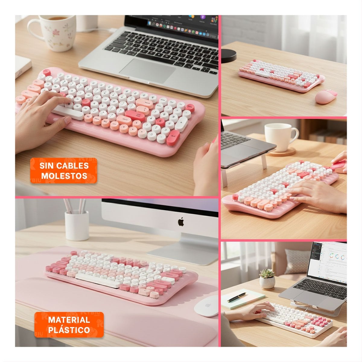 COMBO PRACTICO PARA MESAS DE TRABAJO CREATIVO CON TECLADO Y MOUSE ROSADO Y+POST IT - 5