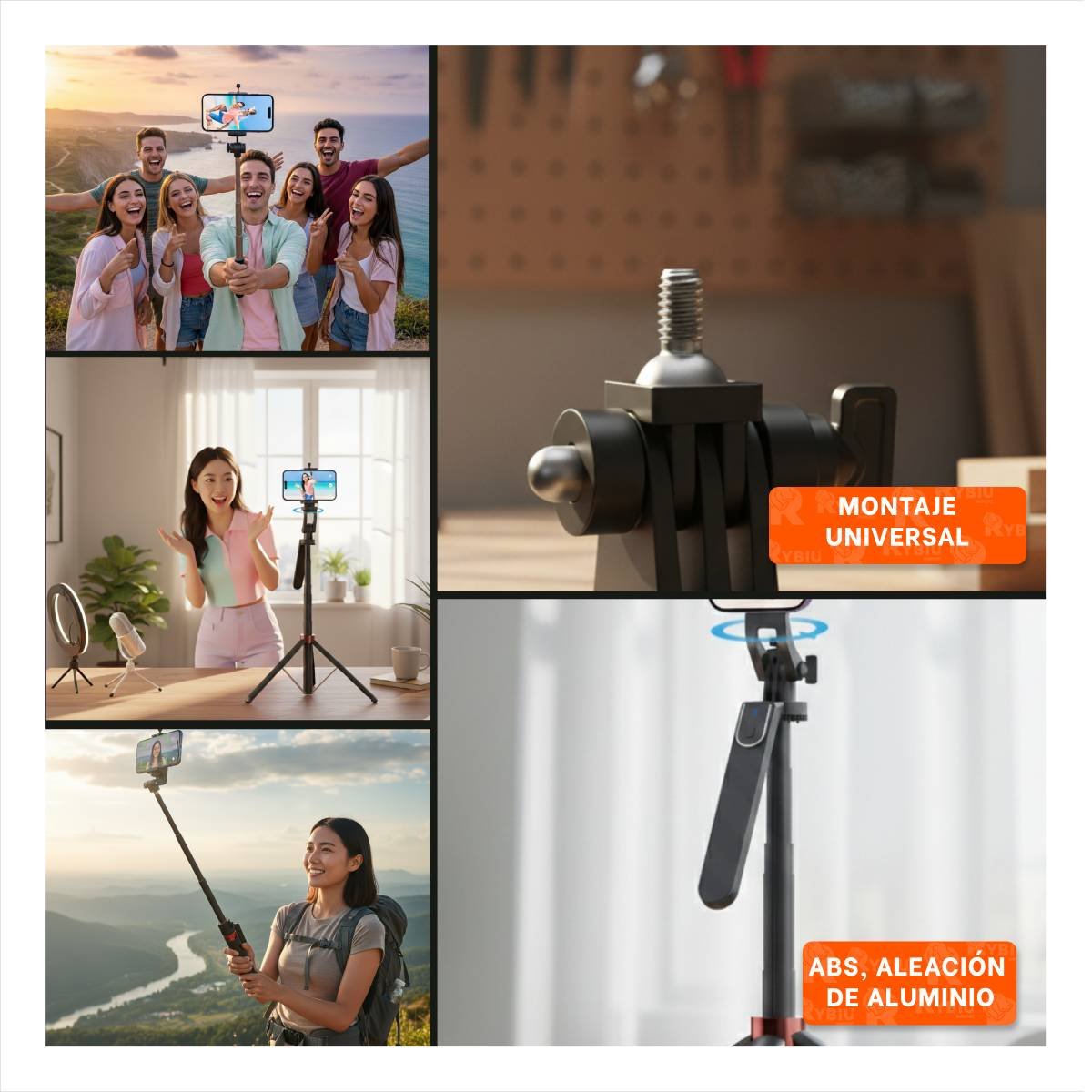 TRIPODE SELFIE PORTATIL CON PALO LARGO PARA GRABACION CON CELULAR 1,8M NEGRO Y+LIGAS REGALO - 5