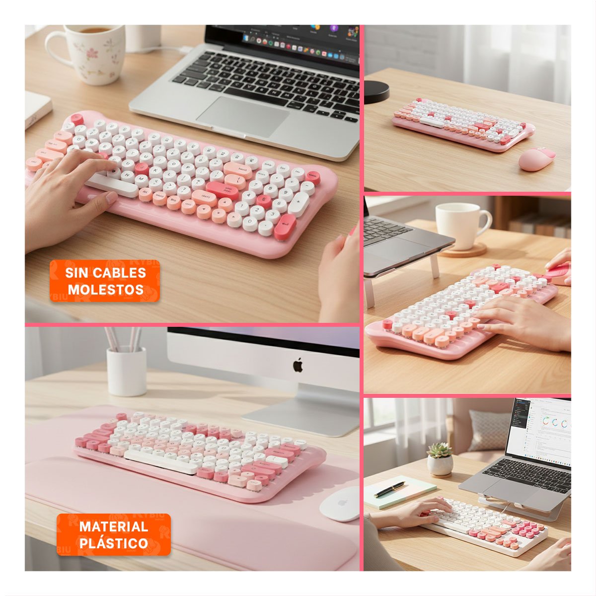 COMBO INALAMBRICO TECLADO Y MOUSE PARA ESCRITORIO COMODO EN TRABAJO DIARIO ROSADO - 5