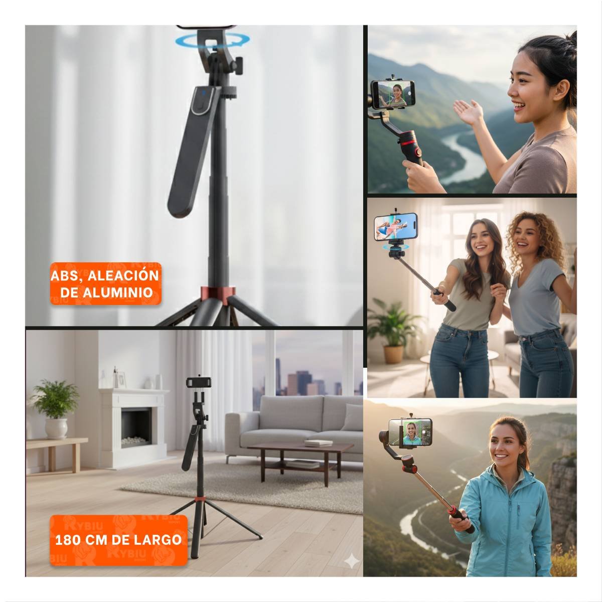 PACK4 HERRAMIENTA PARA VIDEOS CON PALO SELFIE EXTENSIBLE 1,8M NEGRO Y+REGALO STICKER - 2