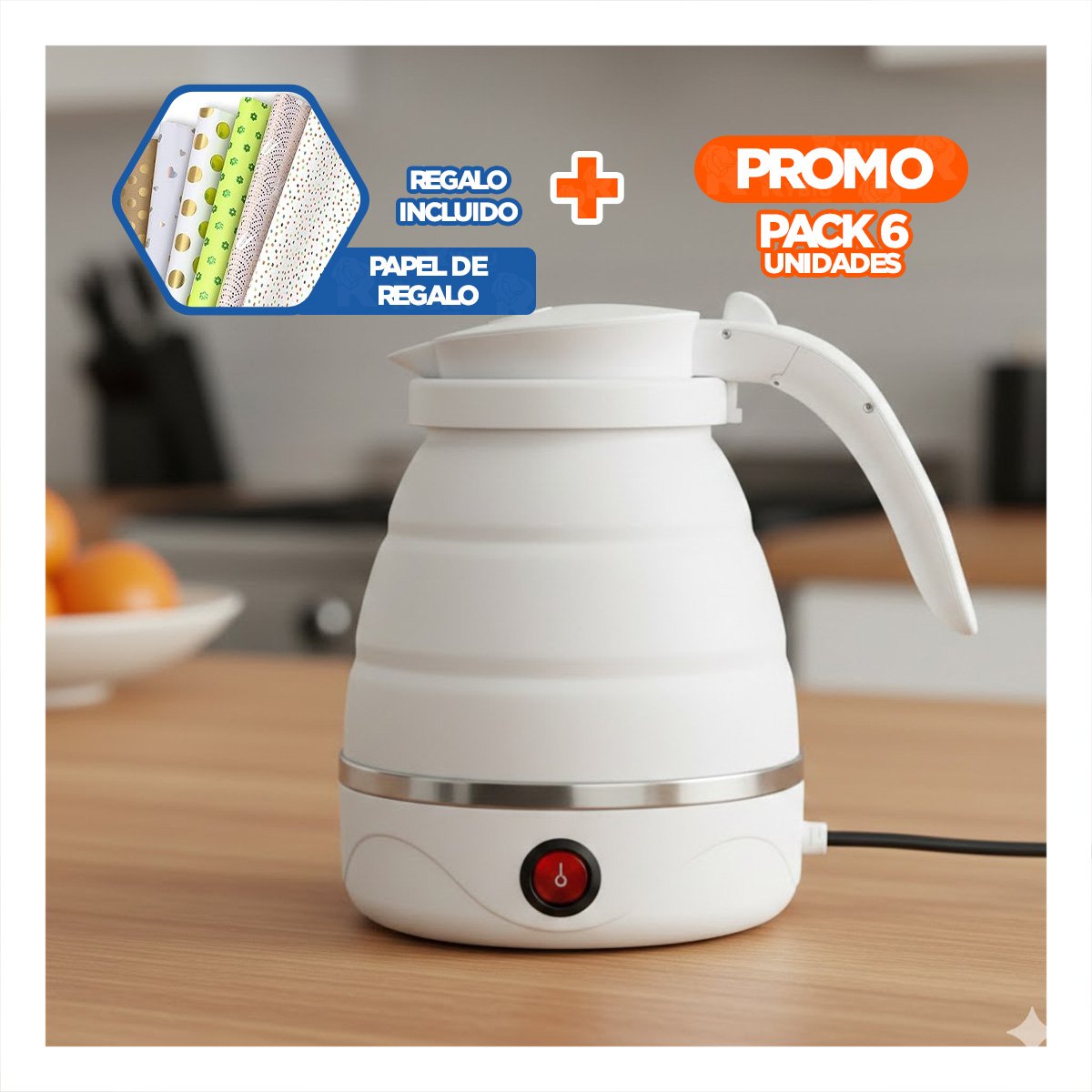 PACK6 TETETERA DE AGUA ELECTRICA PORTATIL 600ML BLANCO Y+PAPEL REGALO - 1