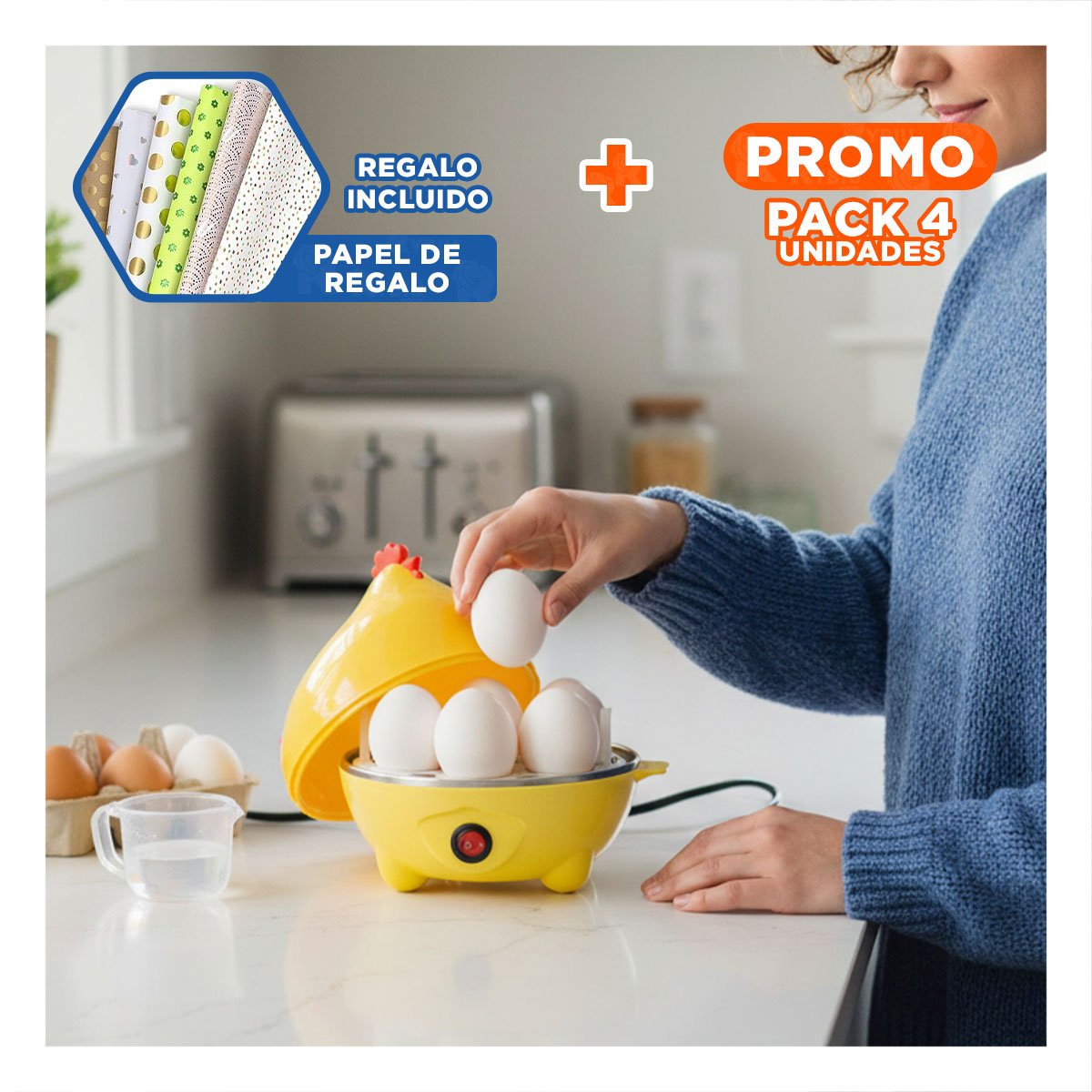 PACK4 COCEDOR COMPACTO GALLINA DE HUEVOS AMARILLO ELECTRICO Y+PAPEL REGALO - 1