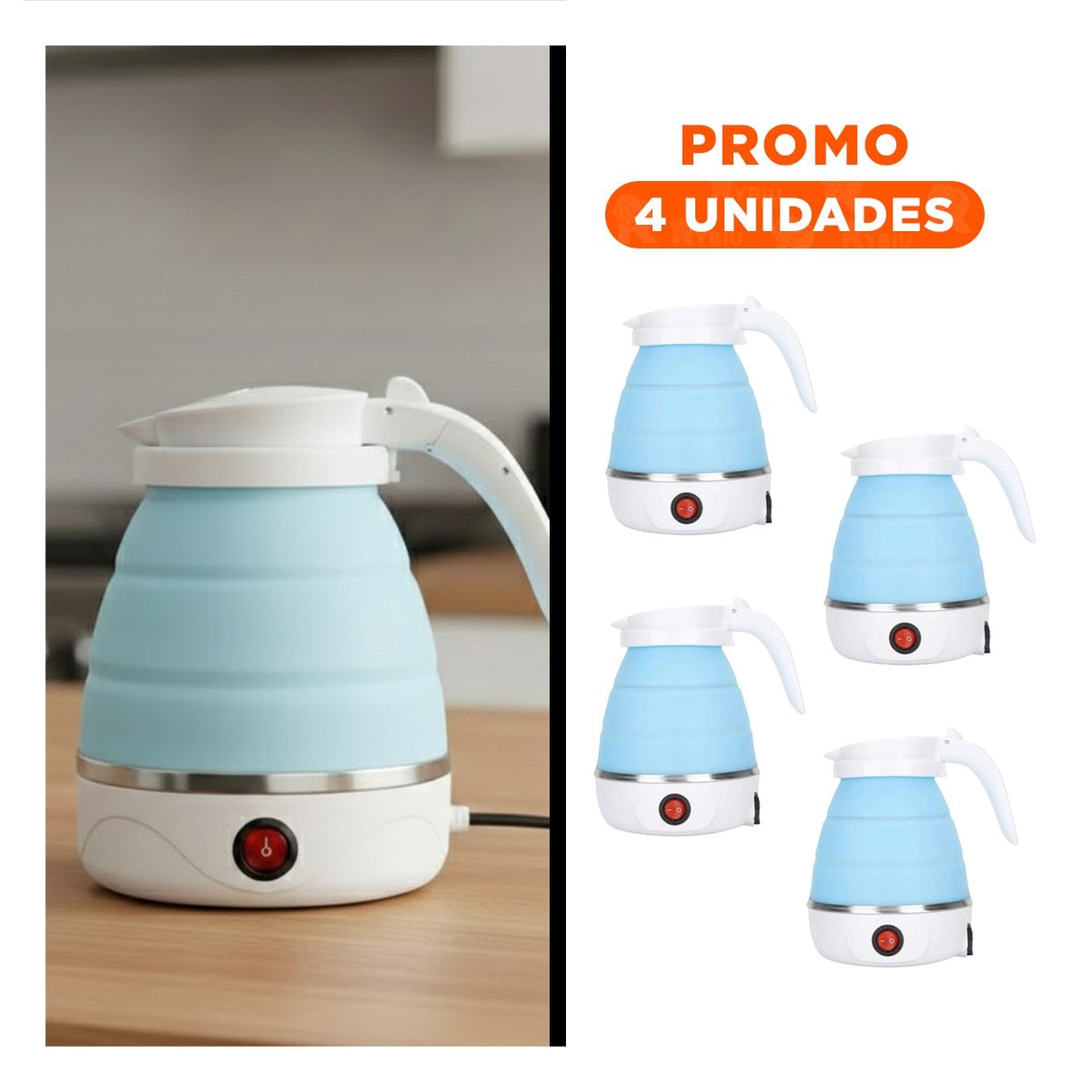 PACK4 HERVIDOR DE VIAJE ELECTRICO DE SILICONA 600ML CELESTE PLEGABLE Y+REGALO STICKER - 1