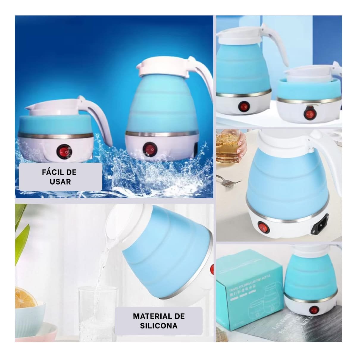 PACK4 HERVIDOR DE VIAJE ELECTRICO DE SILICONA 600ML CELESTE PLEGABLE Y+REGALO STICKER - 2