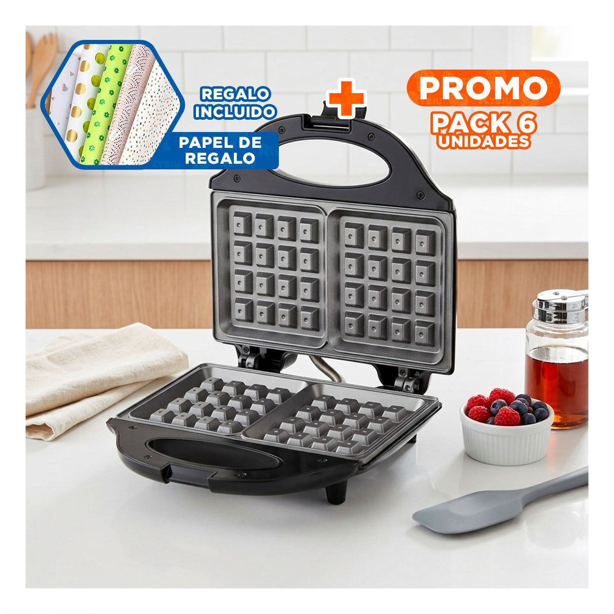 PACK6 SANDWICHERA MODERNA DOBLE WAFLERA NEGRO PARA HOGAR Y+PAPEL REGALO - 1