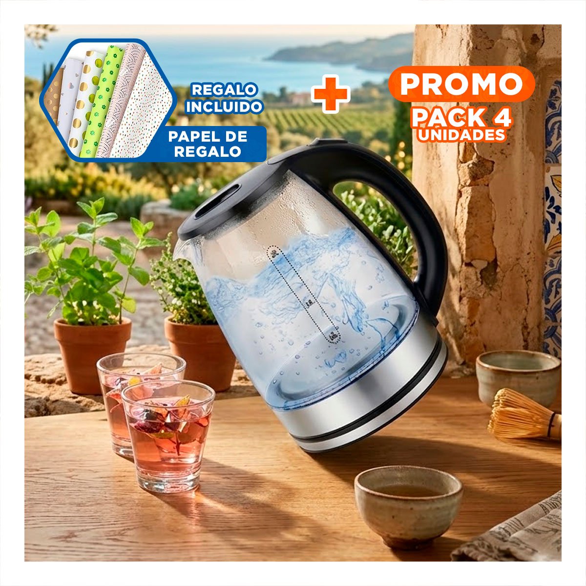 PACK4 RECIPIENTE DE VIDRIO MODERNO 2 LT TRANSPARENTE PARA CASA Y+PAPEL REGALO - 1