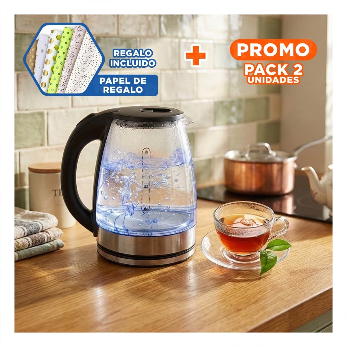 PACK2 JARRA DE VIDRIO RESISTENTE 2 LT TRANSPARENTE PARA COCINA Y+PAPEL REGALO - 1