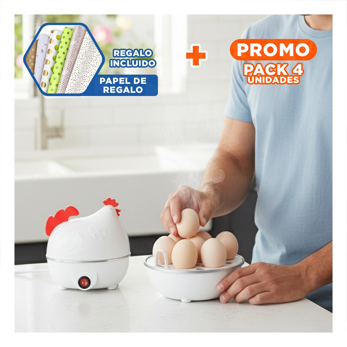 PACK4 COCEDOR GALLINA BLANCO PARA HERVIR HUEVOS EN COCINA HOGAR Y+PAPEL REGALO - 1