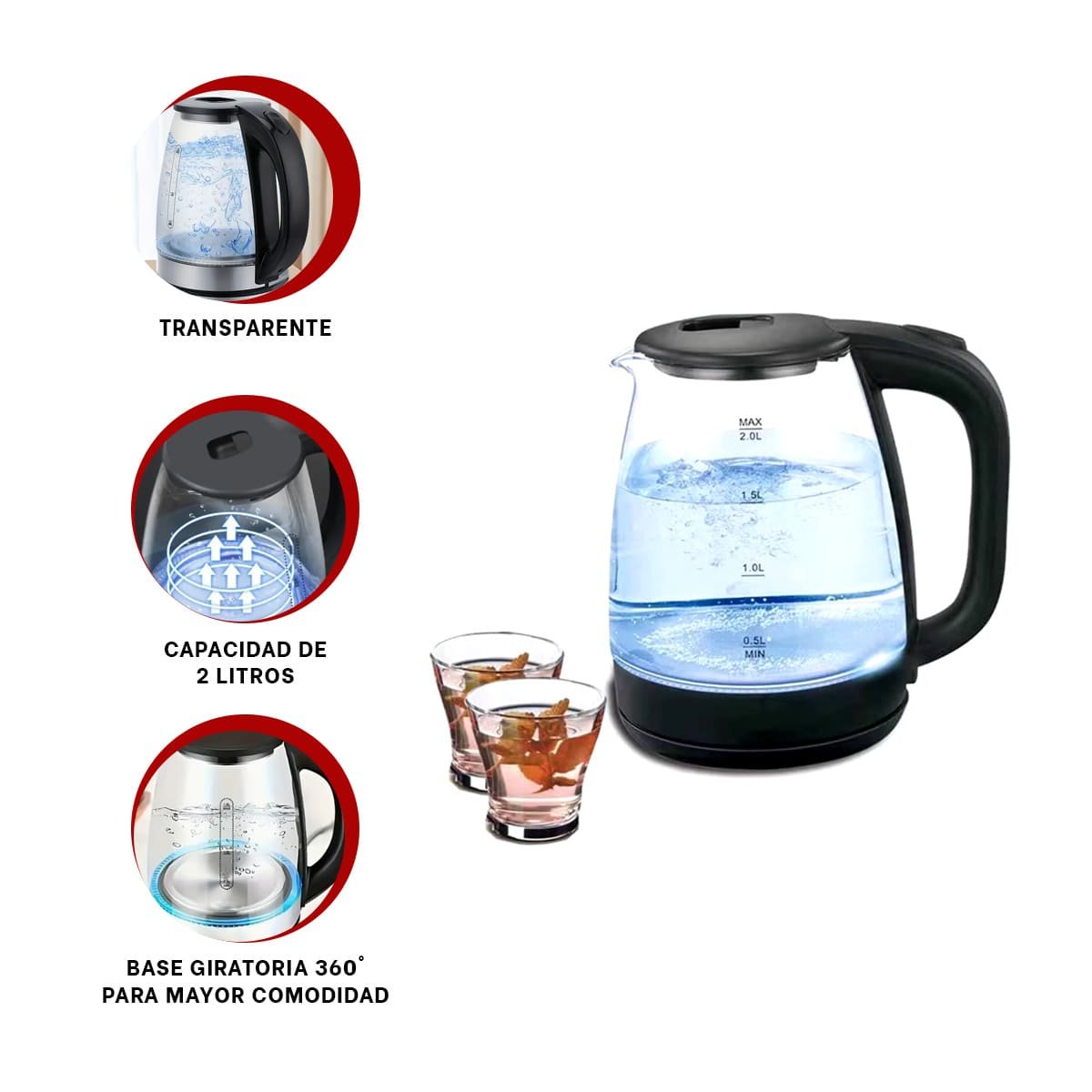 PACK6 JARRO HERVIDOR VIDRIO 2 LT TRANSPARENTE PARA AGUA CALIENTE Y+REGALO STICKER - 2