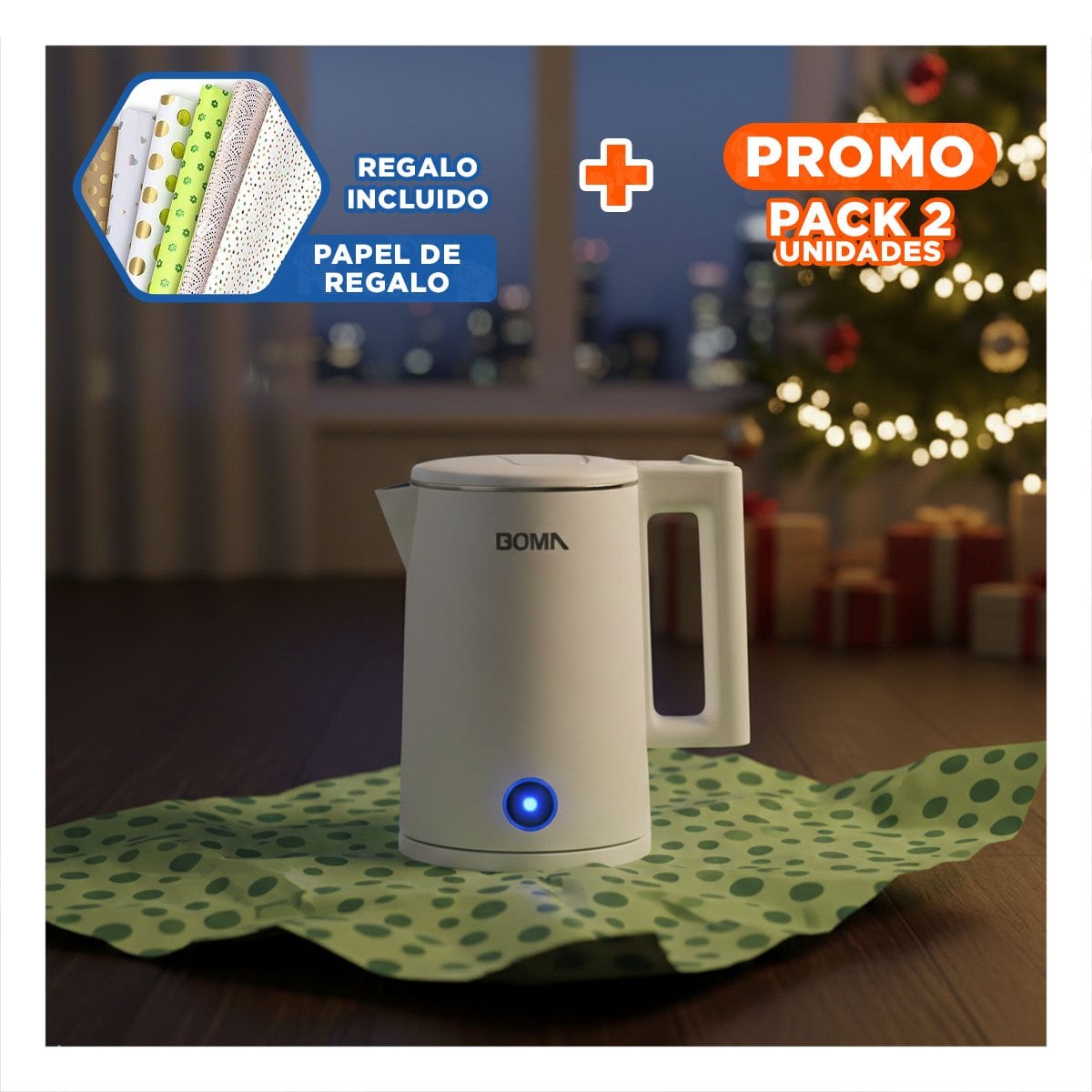PACK2 TETERA BLANCO BOMA ELECTRICA PARA COCINA PRACTICA Y+PAPEL REGALO - 1