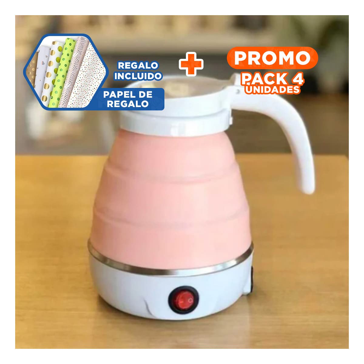 PACK4 HERVIDOR LIVIANO ELECTRICO DE SILICONA ROSADO 600ML PARA MOVIMIENTO Y+PAPEL REGALO - 1