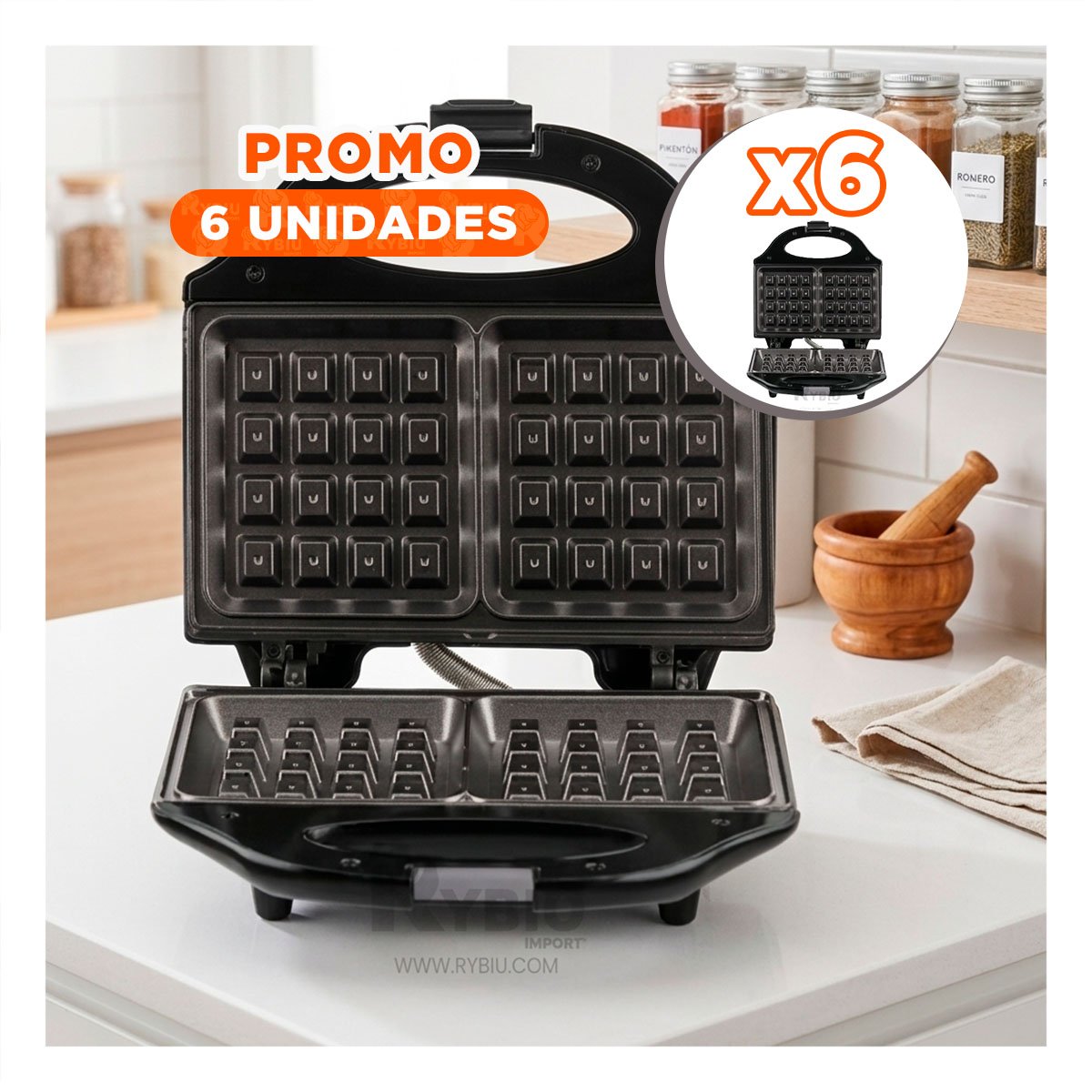PACK6 MAQUINA MODERNA DOBLE WAFLERA SANDWICHERA NEGRO Y+REGALO STICKER - 1