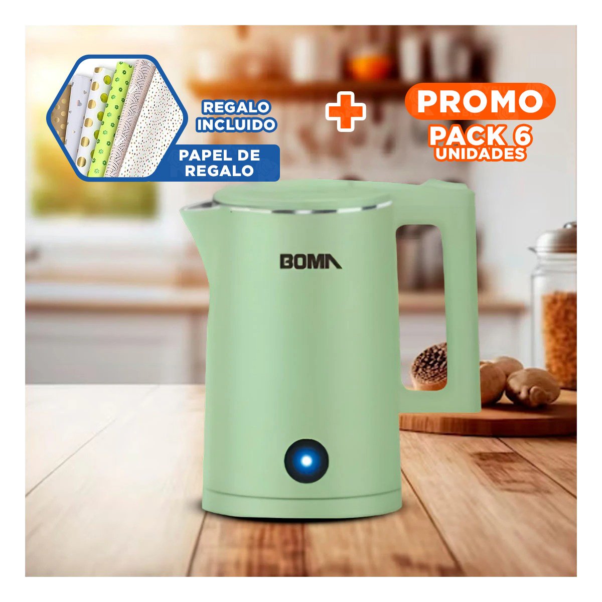 PACK6 HERVIDOR ELECTRICO MODERNO 1800ML VERDE BOMA TECNOLOGIA POTENTE Y+PAPEL REGALO - 1