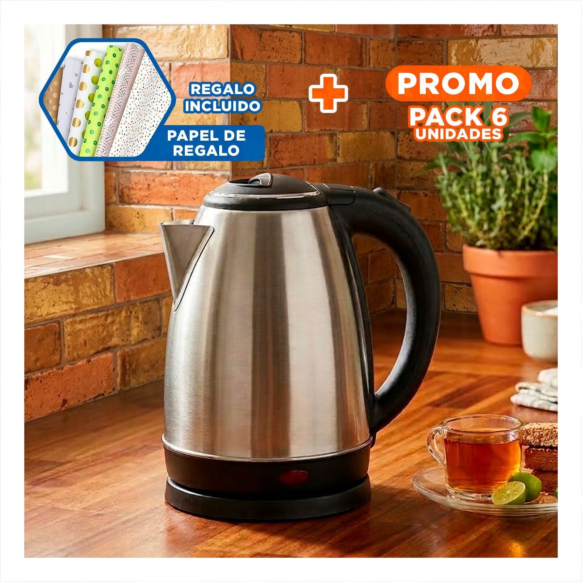 PACK6 ELECTRODOMESTICO MODERNO PARA HERVIR AGUA 2LT PLATEADO Y+PAPEL REGALO - 1