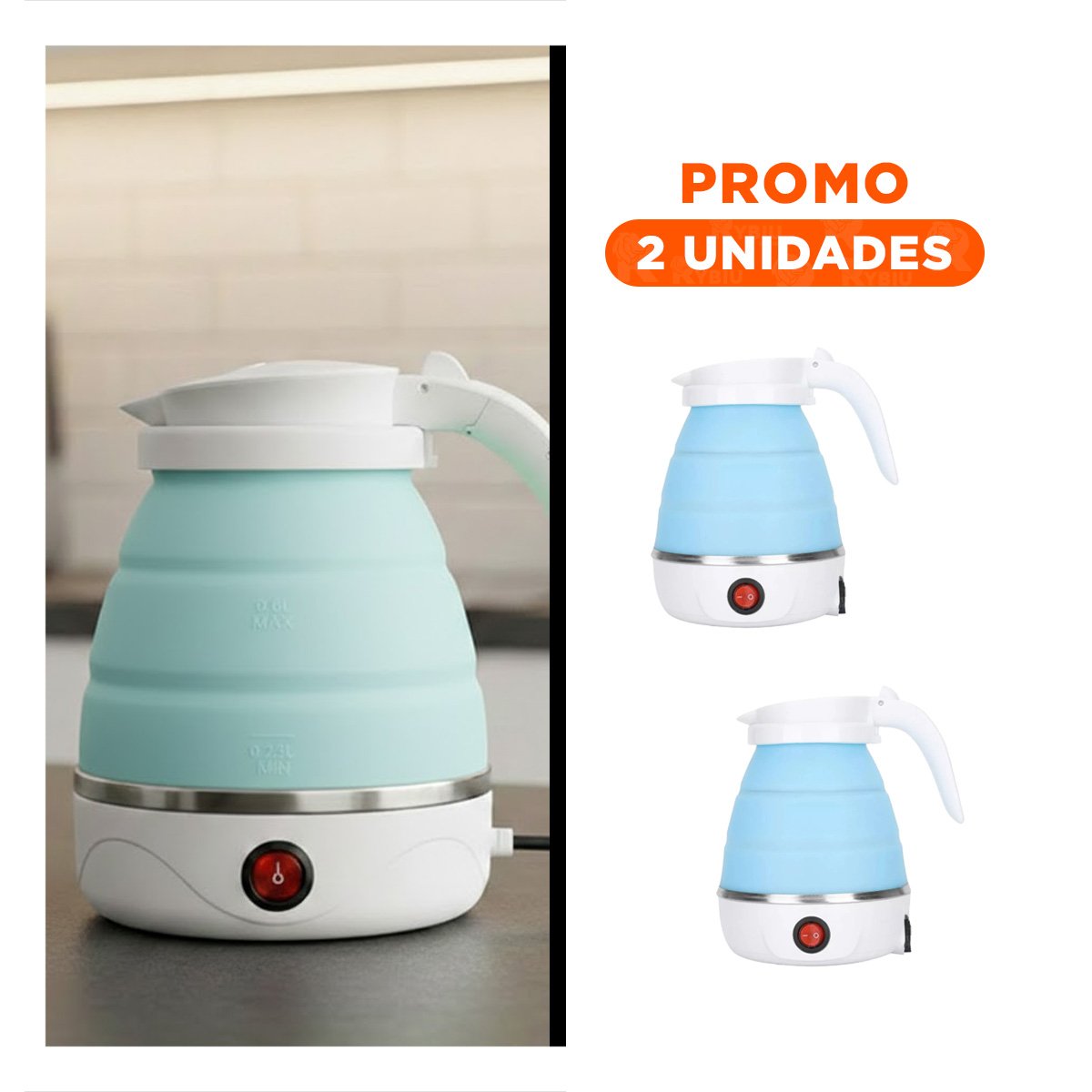 PACK2 HERVIDOR LIVIANO ELECTRICO DE SILICONA 600ML CELESTE PARA HOGAR - 1