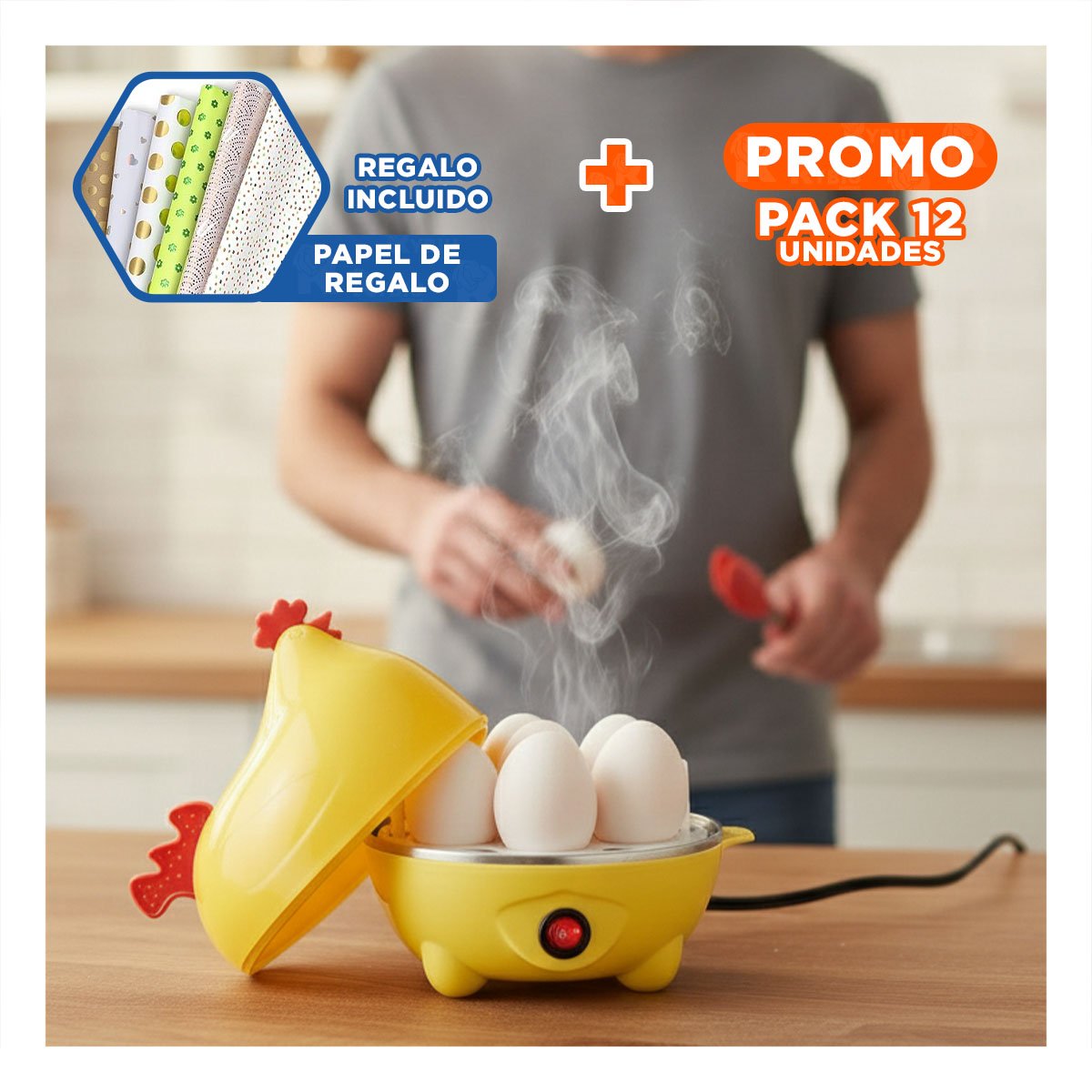 PACK12 MAQUINA MODERNA GALLINA DE HUEVOS AMARILLO PARA HOGAR Y+PAPEL REGALO - 1
