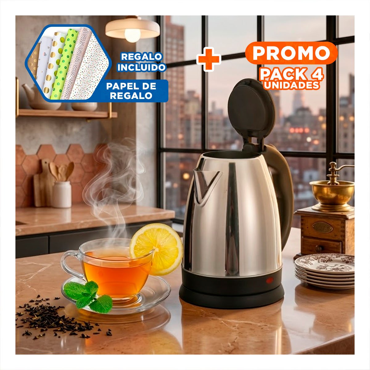 PACK4 MAQUINA DE COCINA PARA CALENTAR AGUA 2LT PLATEADO Y+PAPEL REGALO - 1