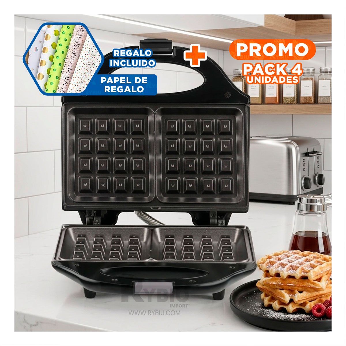 PACK4 PLANCHA ANTIADHERENTE DOBLE WAFLERA SANDWICHERA NEGRO Y+PAPEL REGALO - 1