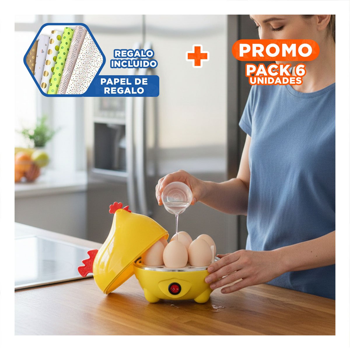 PACK6 ELECTRODOMESTICO COMPACTO GALLINA DE HUEVOS AMARILLO Y+PAPEL REGALO - 1
