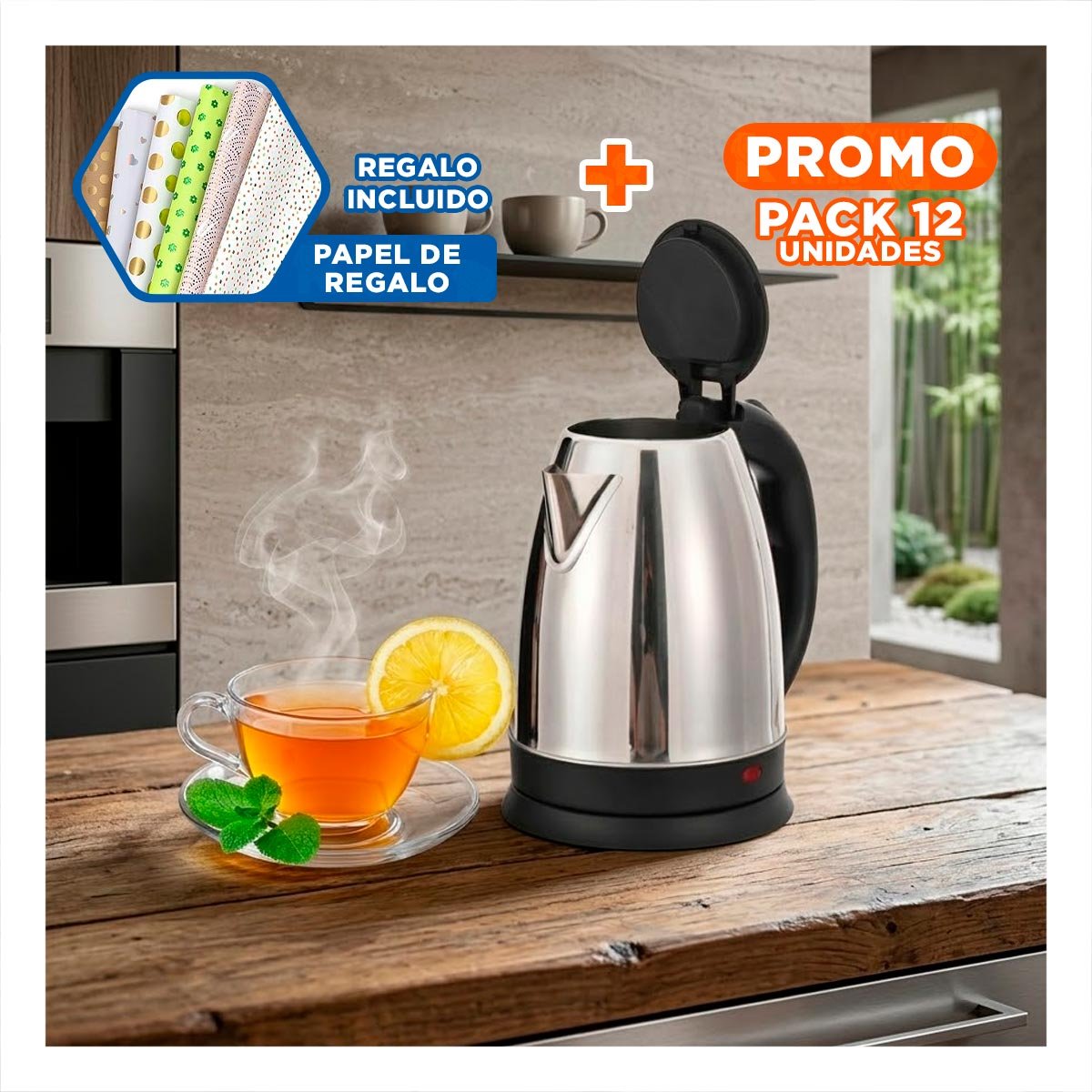 PACK12 CONTENEDOR MODERNO PARA HERVIR AGUA 2LT PLATEADO Y+PAPEL REGALO - 1