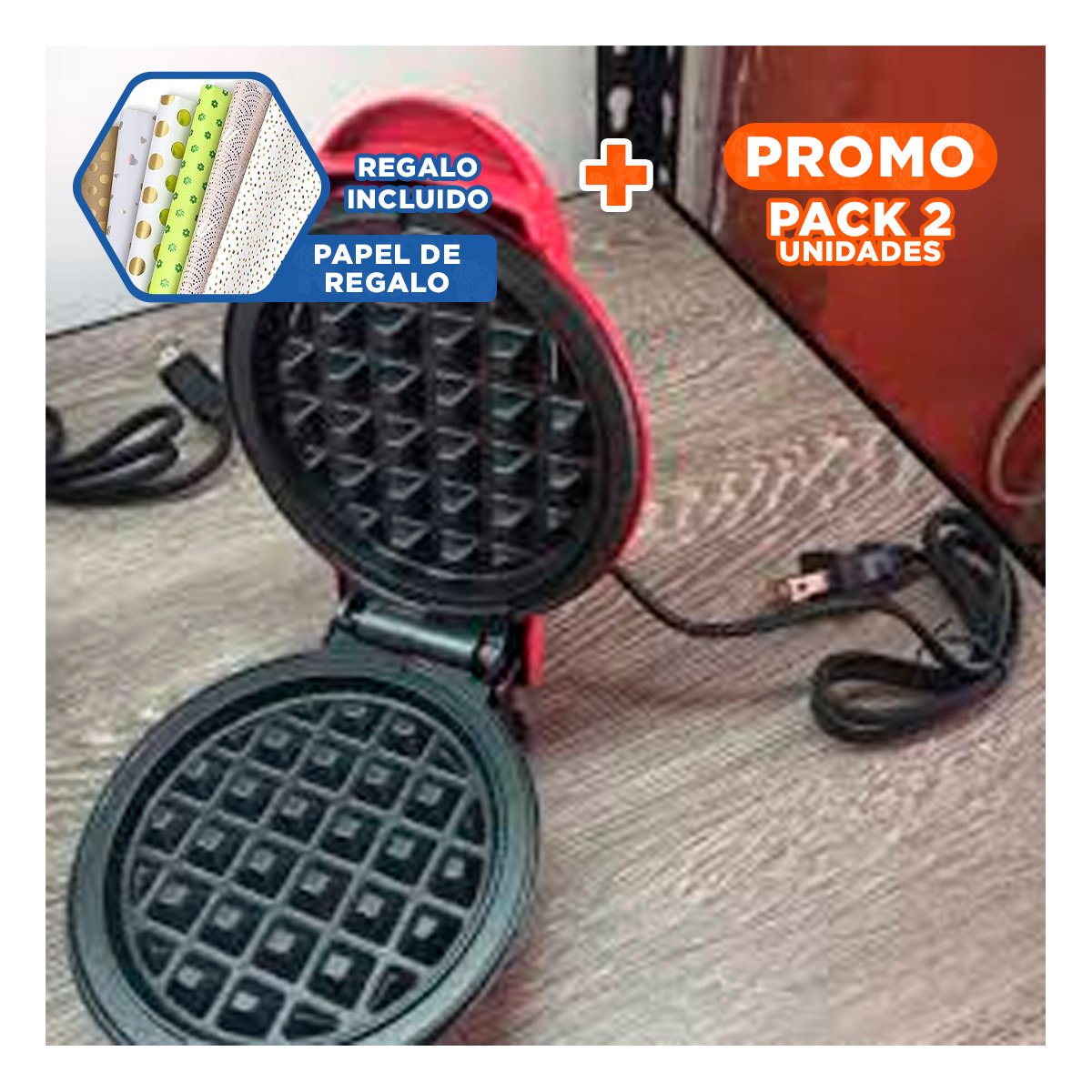PACK2 WAFLERA MINI ANTIADHERENTE CIRCULAR ROJO NEGRO PARA DESAYUNO Y+PAPEL REGALO - 1