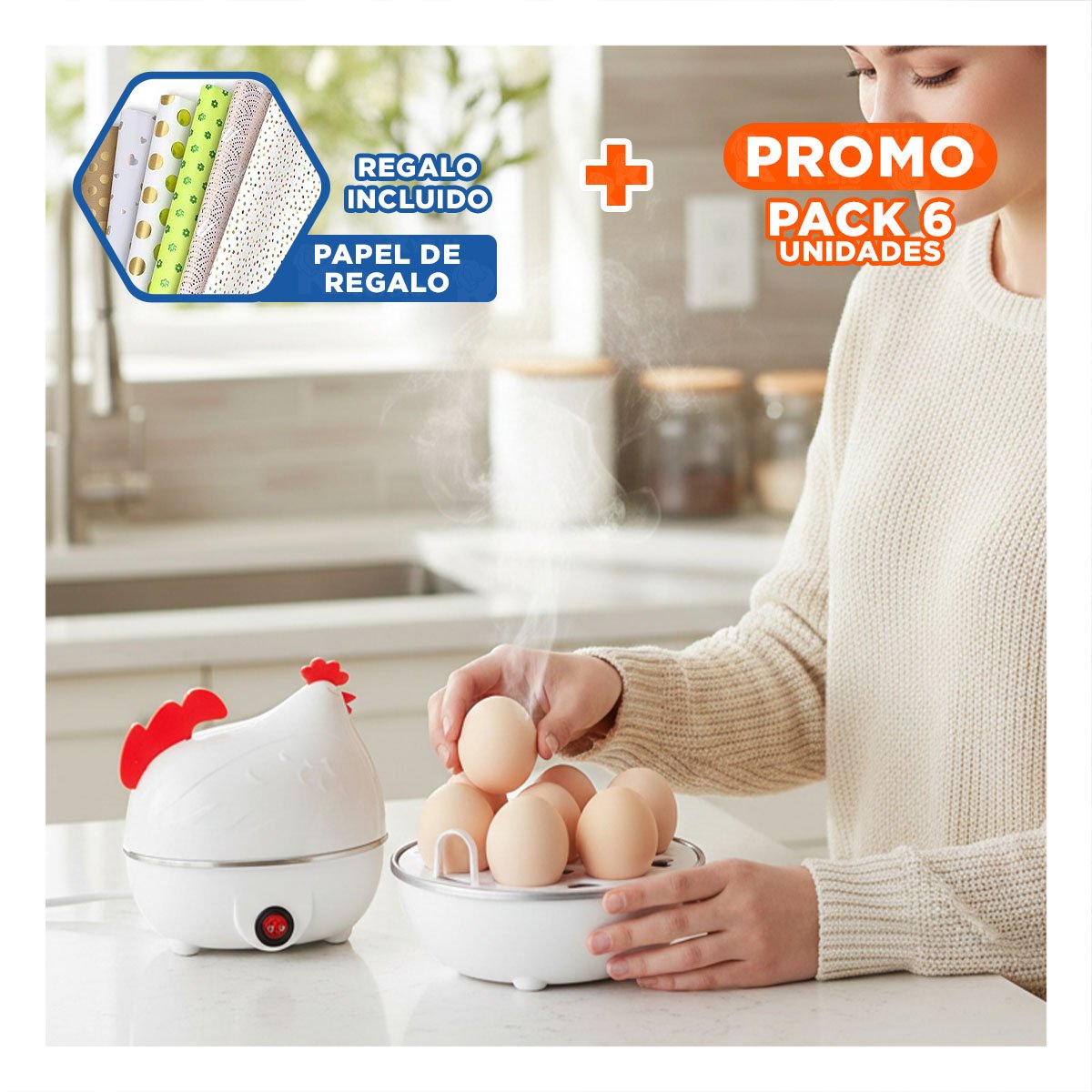 PACK6 COCEDORA GALLINA BLANCA PARA HUEVOS ELECTRICA EN HOGAR Y+PAPEL REGALO - 1