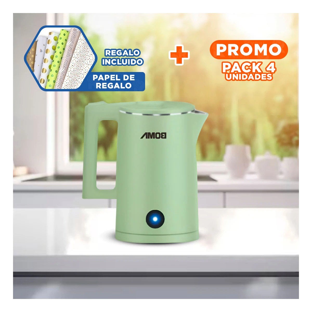 PACK4 TETERA PARA HOGAR 1800ML VERDE BOMA ALTA CALIDAD Y+PAPEL REGALO - 1