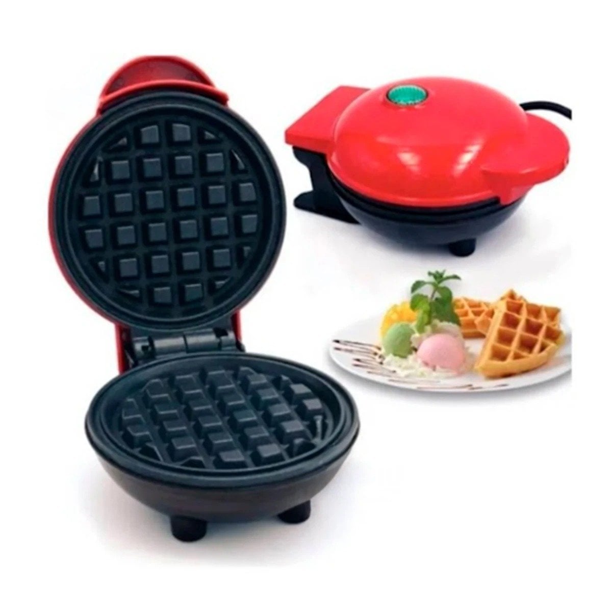 PACK2 MAQUINA MINI ANTIADHERENTE DE WAFFLES CIRCULAR ROJO NEGRO Y+REGALO STICKER - 2