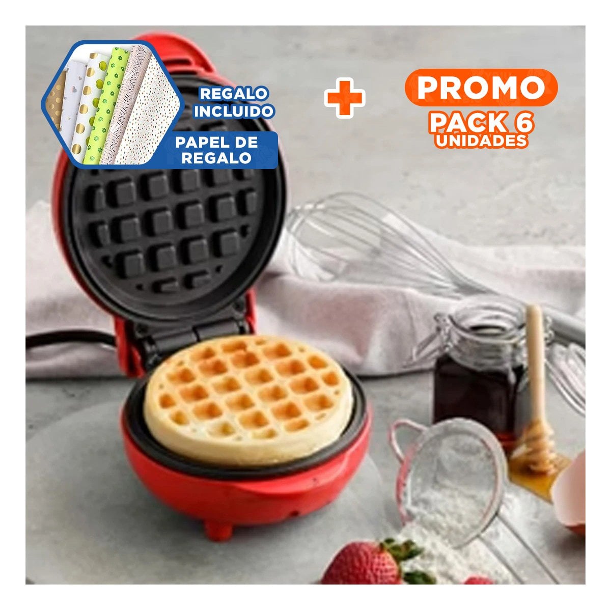 PACK6 MAQUINA MINI MODERNA DE WAFFLES CIRCULAR ROJO NEGRO Y+PAPEL REGALO - 1