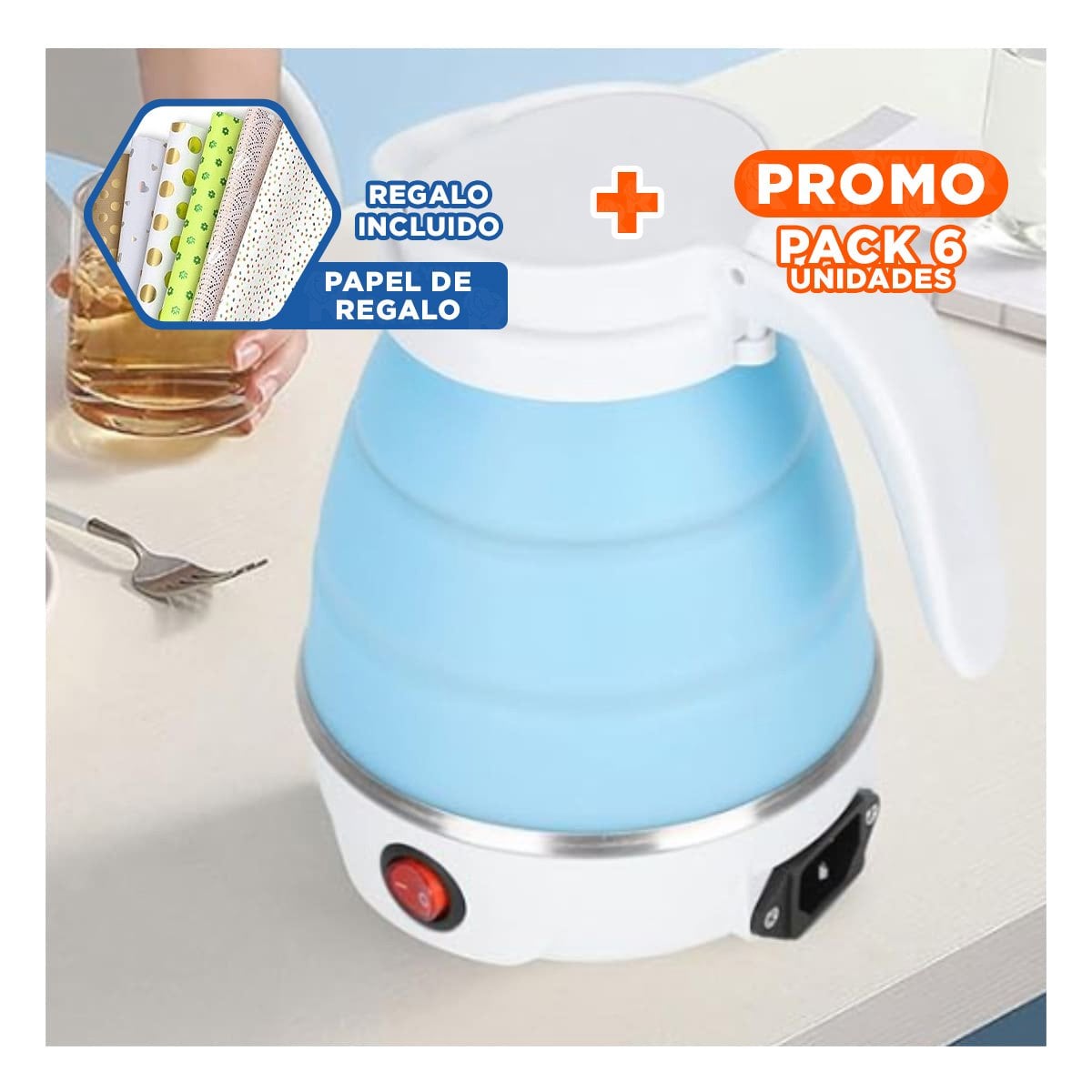 PACK6 OLLA DE VIAJE ELECTRICA DE SILICONA 600ML CELESTE PORTATIL Y+PAPEL REGALO - 1