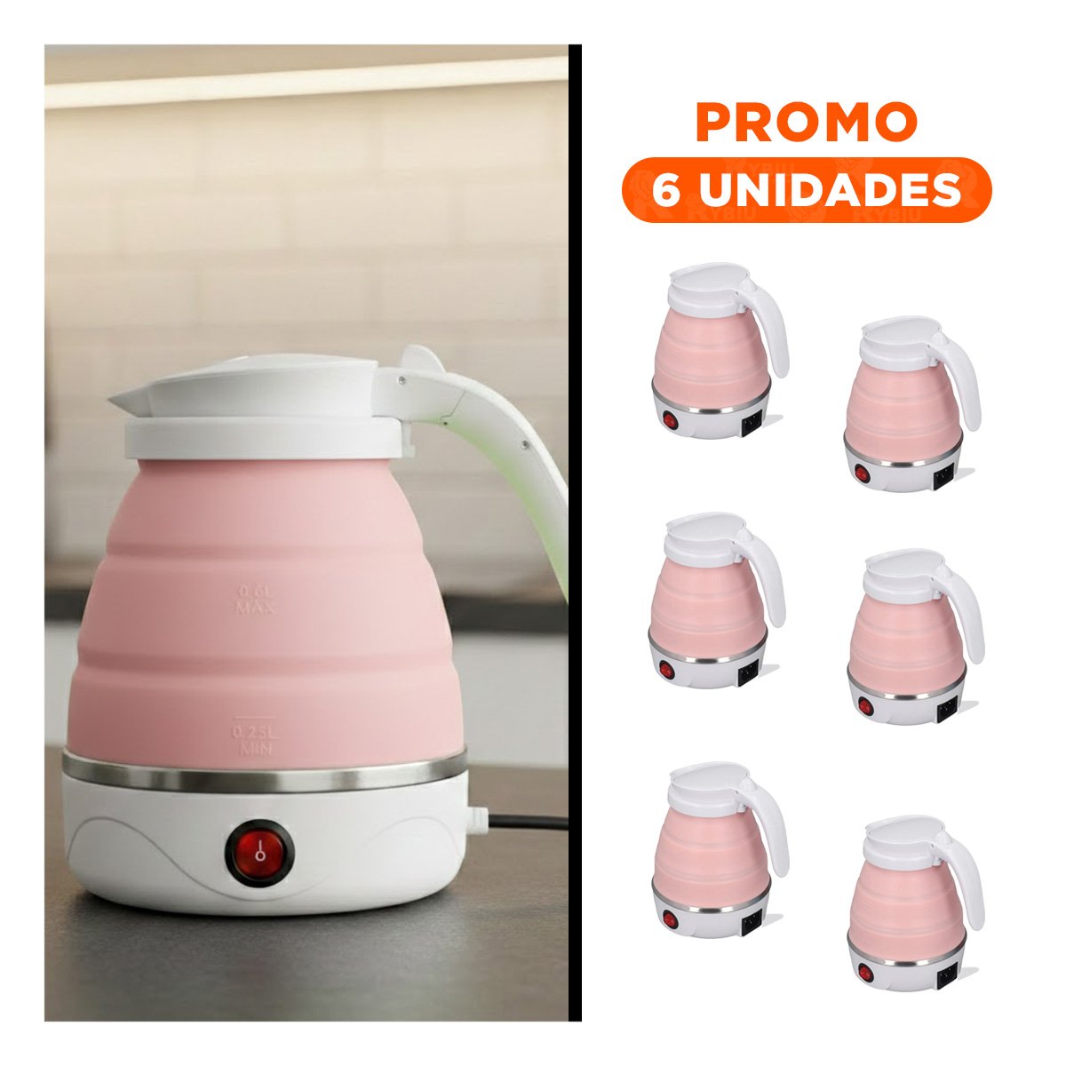 PACK6 JARRA LIVIANA ELECTRICA DE SILICONA ROSADO 600ML PARA VIAJES - 1