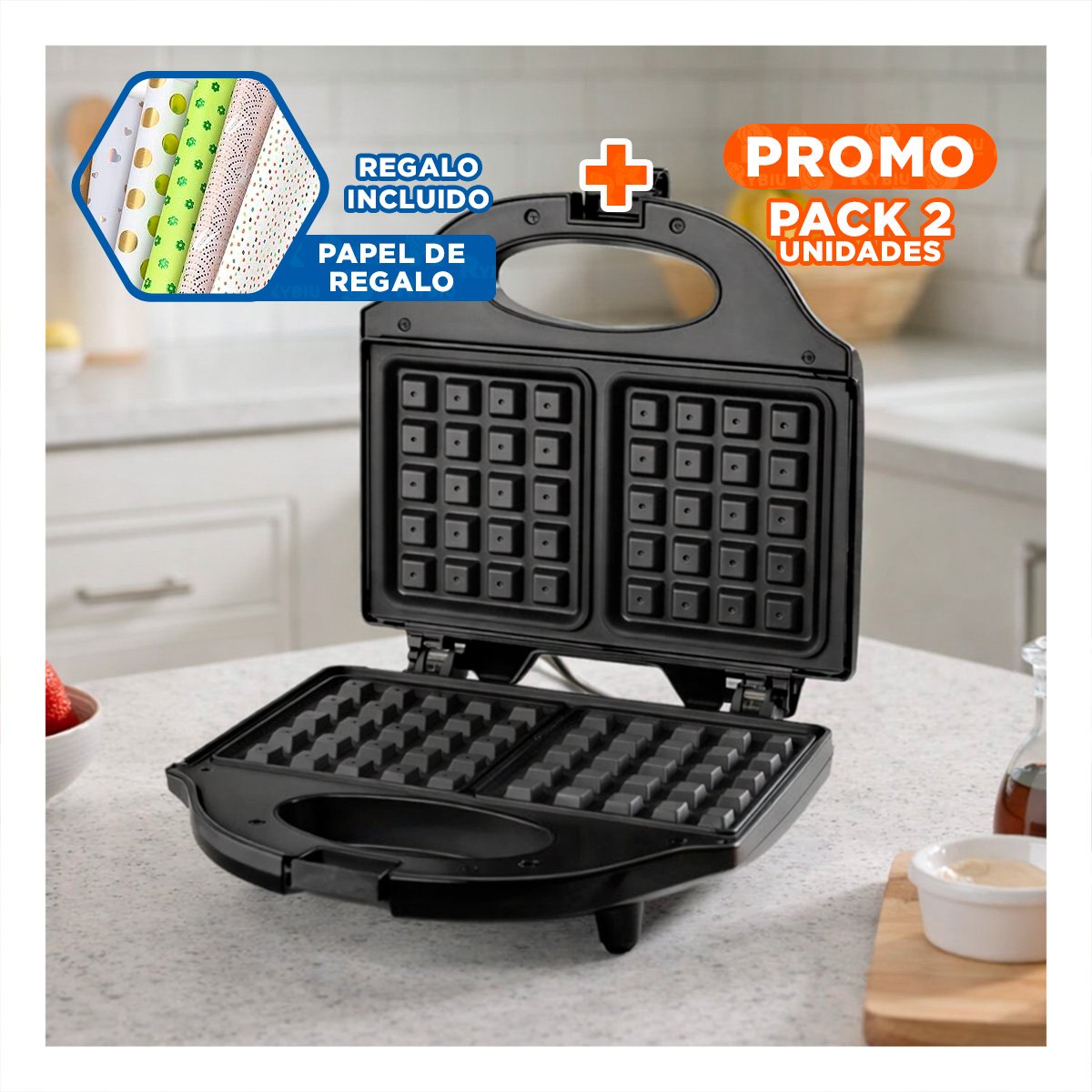 PACK2 WAFLERA ANTIADHERENTE DOBLE SANDWICHERA NEGRO Y+PAPEL REGALO - 1