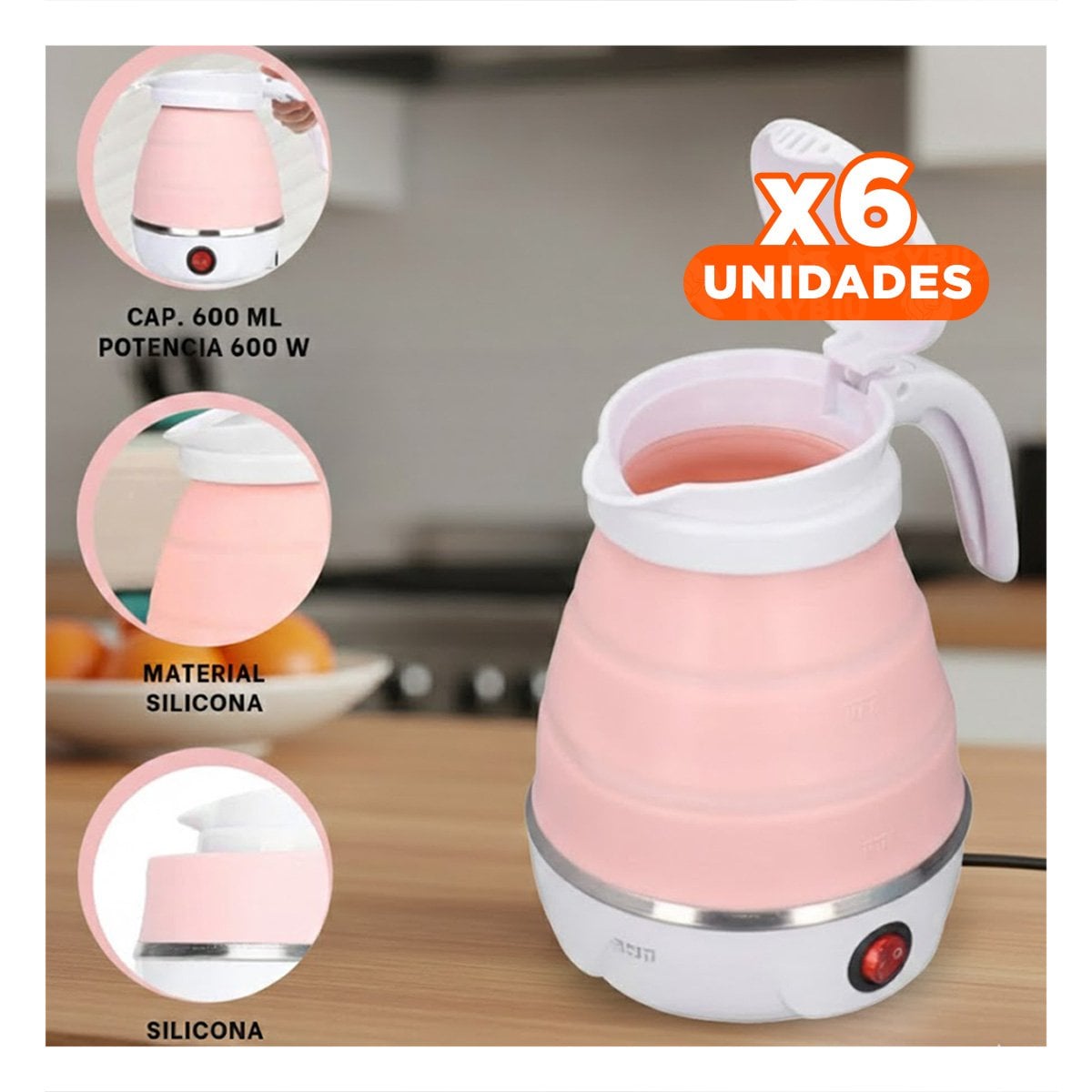 PACK6 OLLA PRACTICA ELECTRICA DE SILICONA ROSADO 600ML PARA HOGAR Y+REGALO STICKER - 1