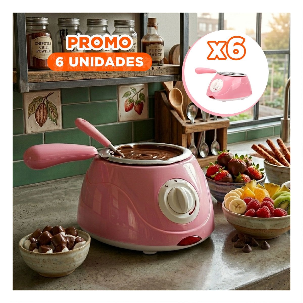 PACK6 CACEROLA PARA CHOCOLATE CON ACCESORIOS EN ROSADO Y+REGALO STICKER - 1