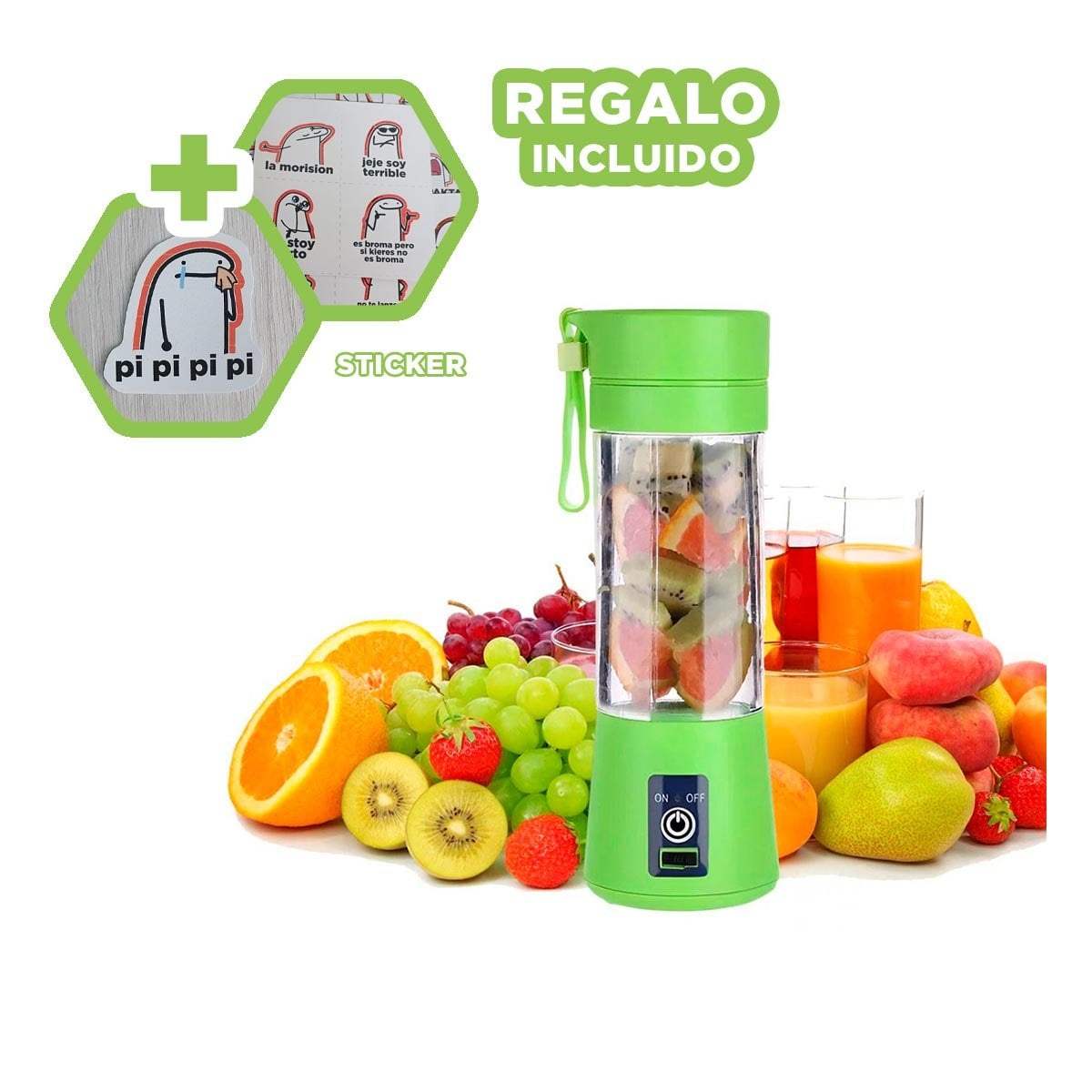 MEZCLADORA COMPACTA PORTATIL VERDE PARA JUGOS EN CASA Y+REGALO STICKER - 1