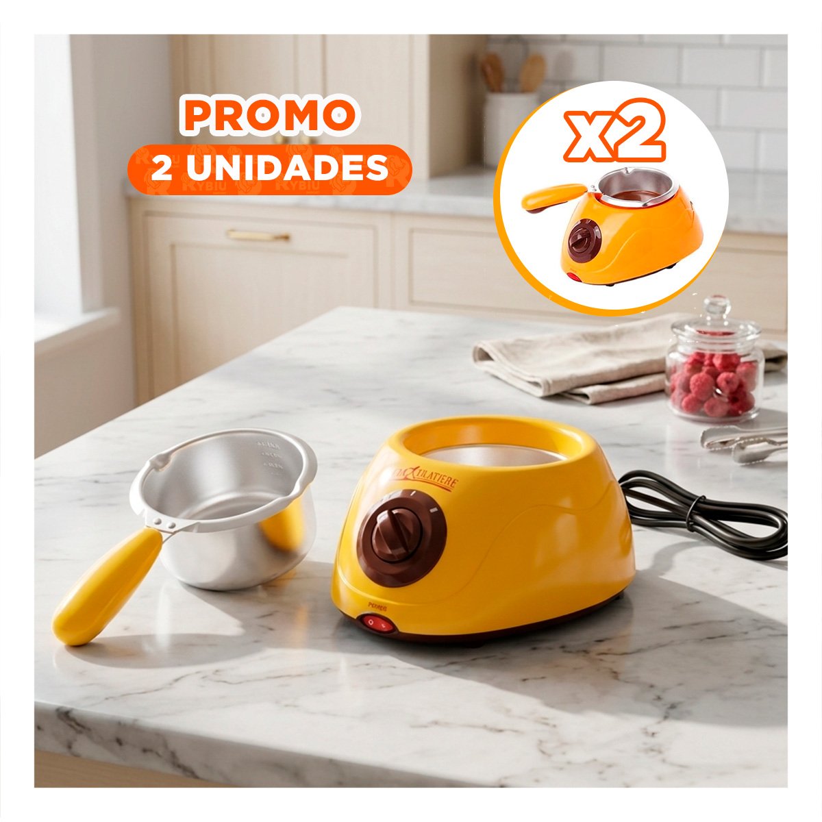 PACK2 OLLA PARA PREPARAR CHOCOLATE CON ACCESORIOS AMARILLO Y+REGALO STICKER - 1