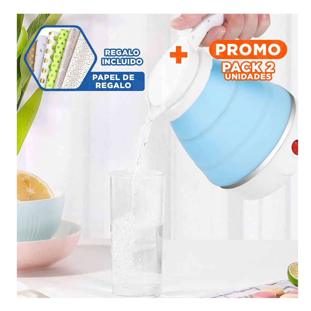PACK2 OLLA PRACTICA ELECTRICA DE SILICONA 600ML CELESTE PARA VIAJES Y+REGALO STICKER - 1