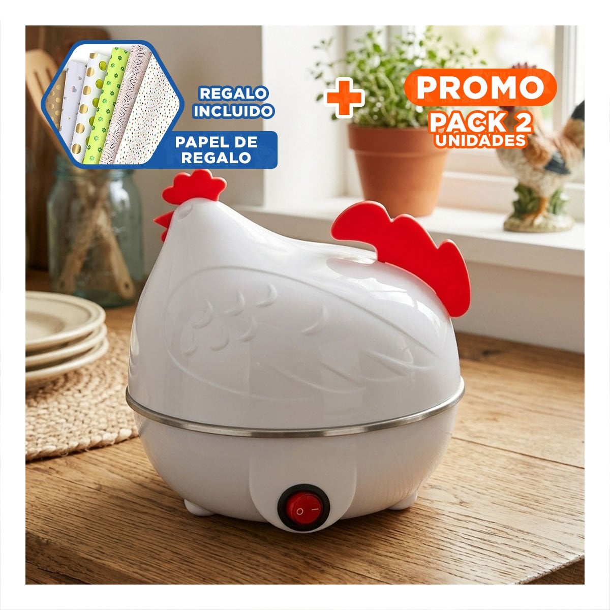 PACK2 GALLINA COCEDORA ELECTRICA BLANCA DE HUEVOS PARA CASA Y+PAPEL REGALO - 1