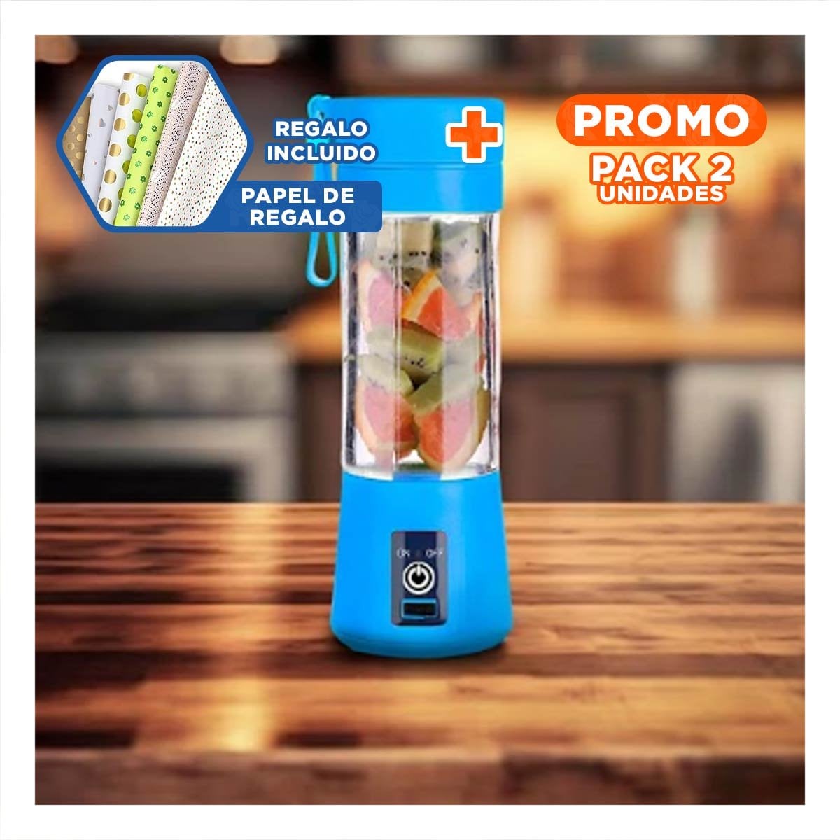 PACK2 MINI MEZCLADORA PORTATIL AZUL RECARGABLE PARA BATIDOS Y+PAPEL REGALO - 1