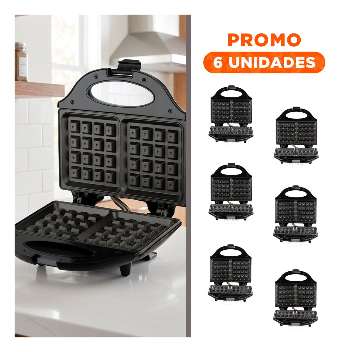 PACK6 WAFLERA MODERNA DOBLE SANDWICHERA NEGRO PARA COCINA - 1