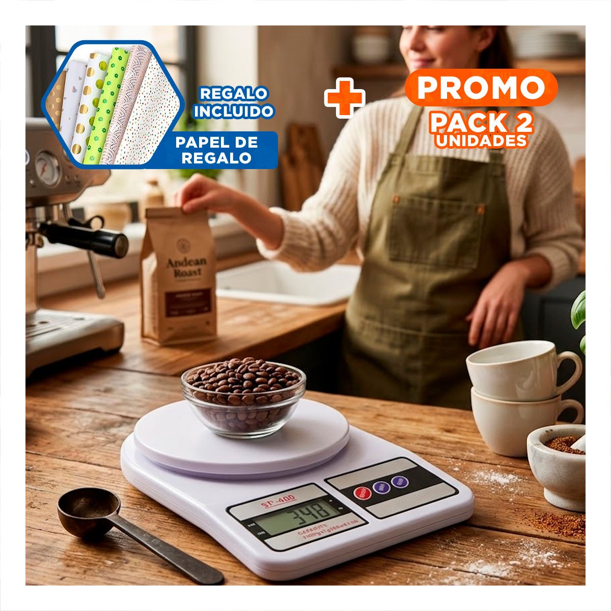 PACK2 PESADORA GRAMERA PARA MEDIR INGREDIENTES Y YOGUIS CON DISEÑO BLANCO Y+PAPEL REGALO - 1